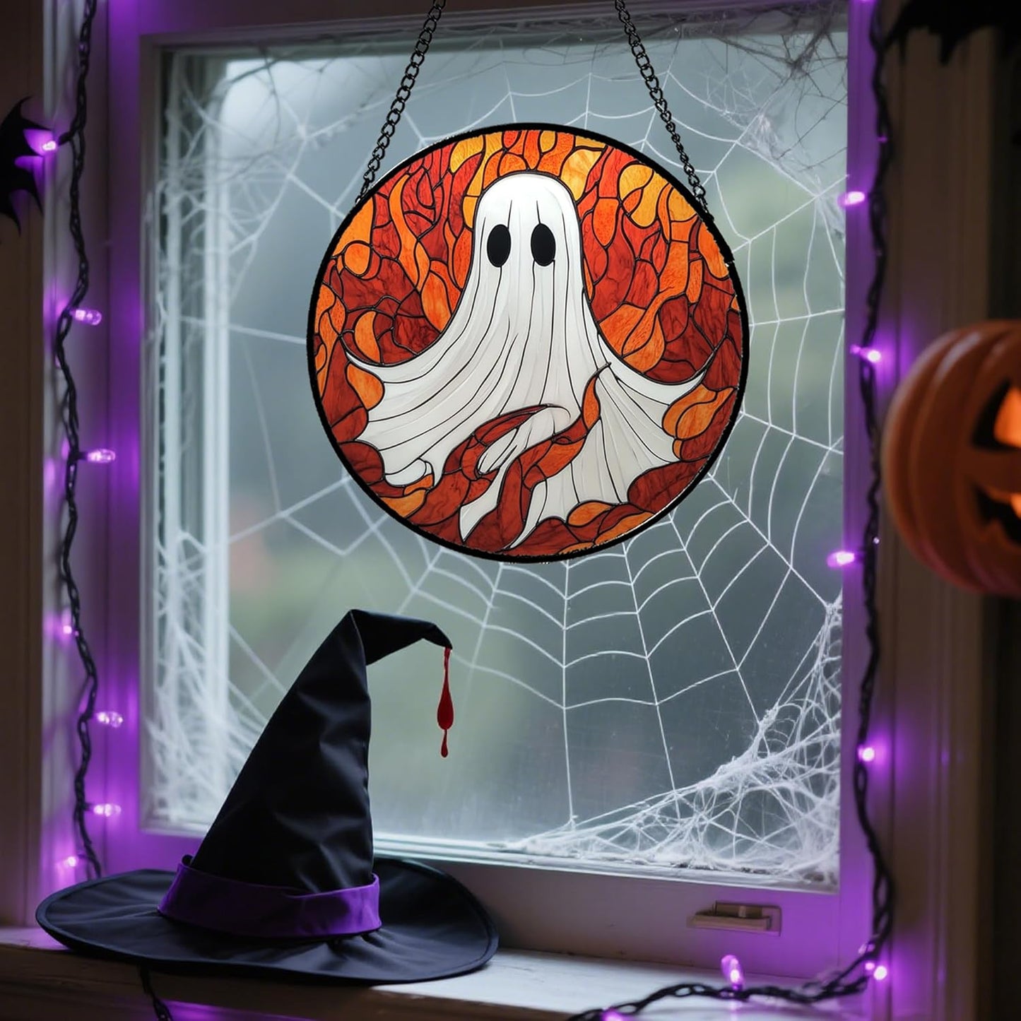 Stained Glass Window Hanging - Halloween Decorations White Ghost Orange Sky Suncatcher for Doors Garden Funny Spooky Sun Catchers Gothic Decor Horror Gifts for Women Men Friend Boy 9.8 in