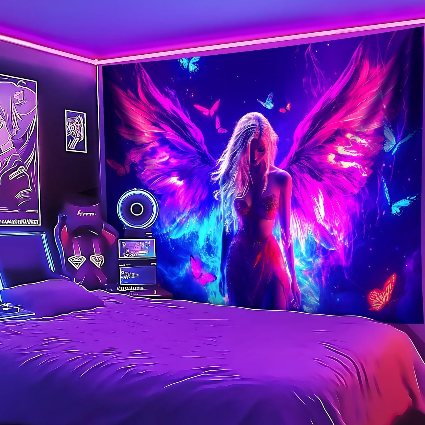 Blacklight Tapestry,WingTapestry Glow In The Dark,UV Reactive Black Light Upright Posters Wall Hanging for Bedroom Dorm Living Room Backdrop Decor (wing6, 79L" x 59W")