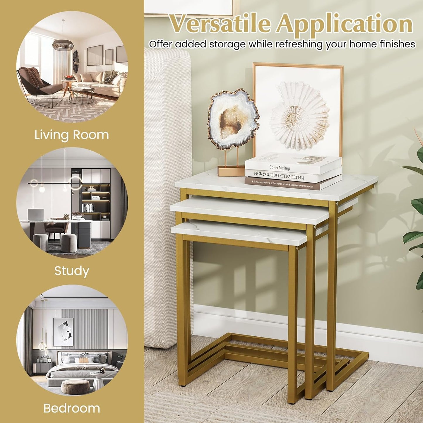 Giantex Nesting Coffee Table Set of 3, Stackable Square End Table w/Faux Marble Tabletop & Heavy-Duty Metal Frame, Farmhouse C-Shaped Accent Table for Small Space, Living Room, Bedroom (White Gold)