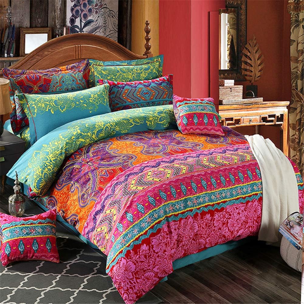 ABREEZE 3Pcs Bohemia Retro Bedding Ethnic Vintage Floral Duvet Cover Boho Bedding 100% Brushed Cotton Bedding Sets Damask Paisley Coloful Mandala Down Comforter Cover,King