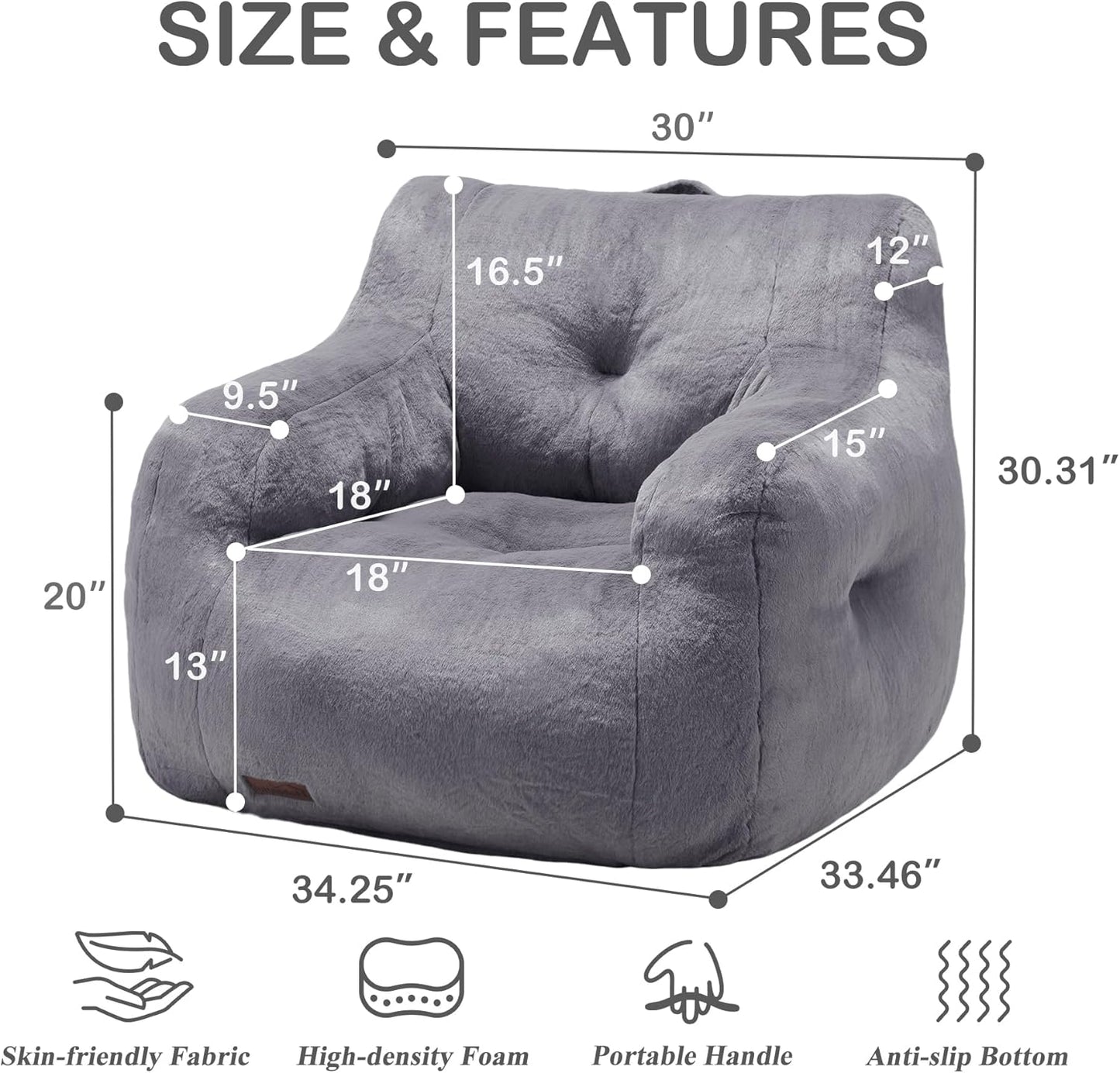 Hobestluk Bean Bag Chair for Adult Small Bean Bag Chairs with Arms Furry Beanbag Chair with Foam Filler Stuffed Bean Bag Sofa for Reading in Bedroom Living Room and Dorms(Grey)