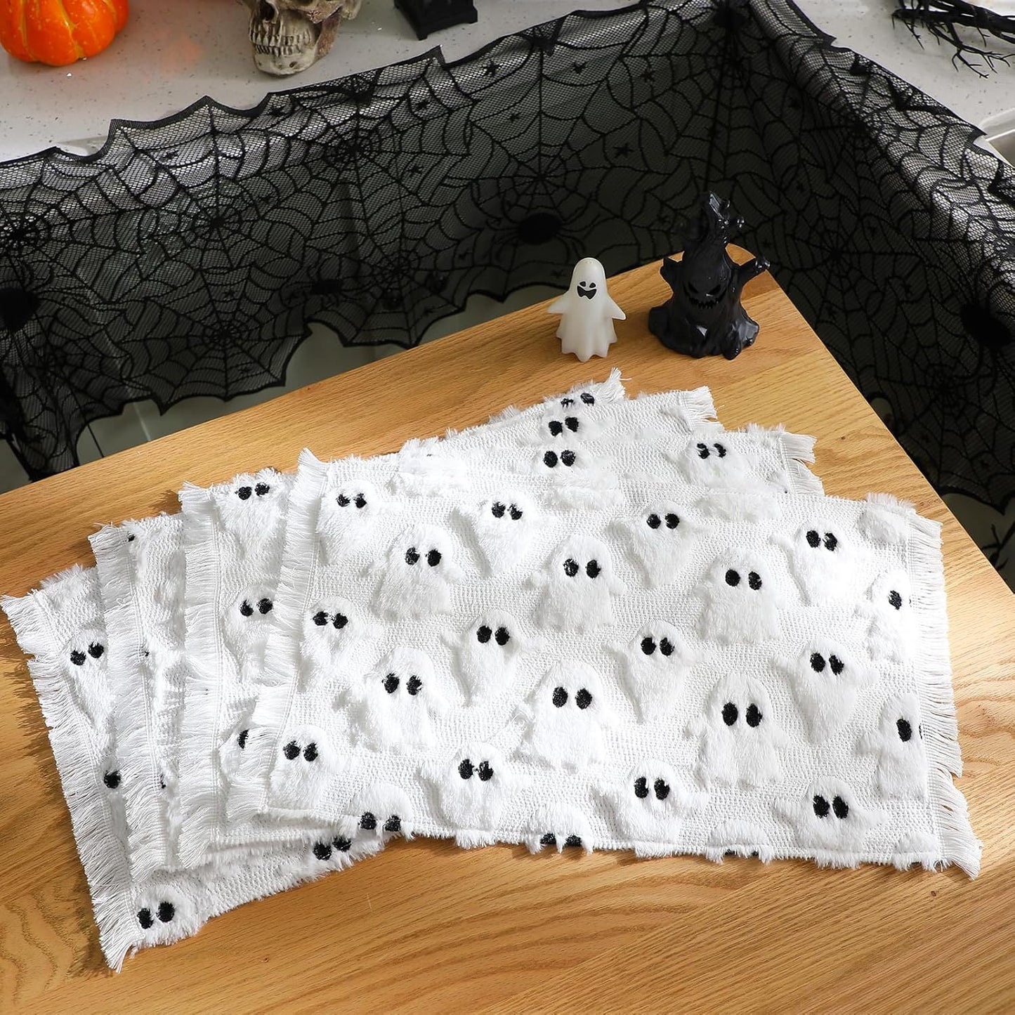Nuanchu 4 PCS White Ghost Boo Placemats 13 x 19 Inch Halloween Soft Plush Faux Fur Wool Table Mats Halloween Placemats for Party Kitchen Dining Decoration
