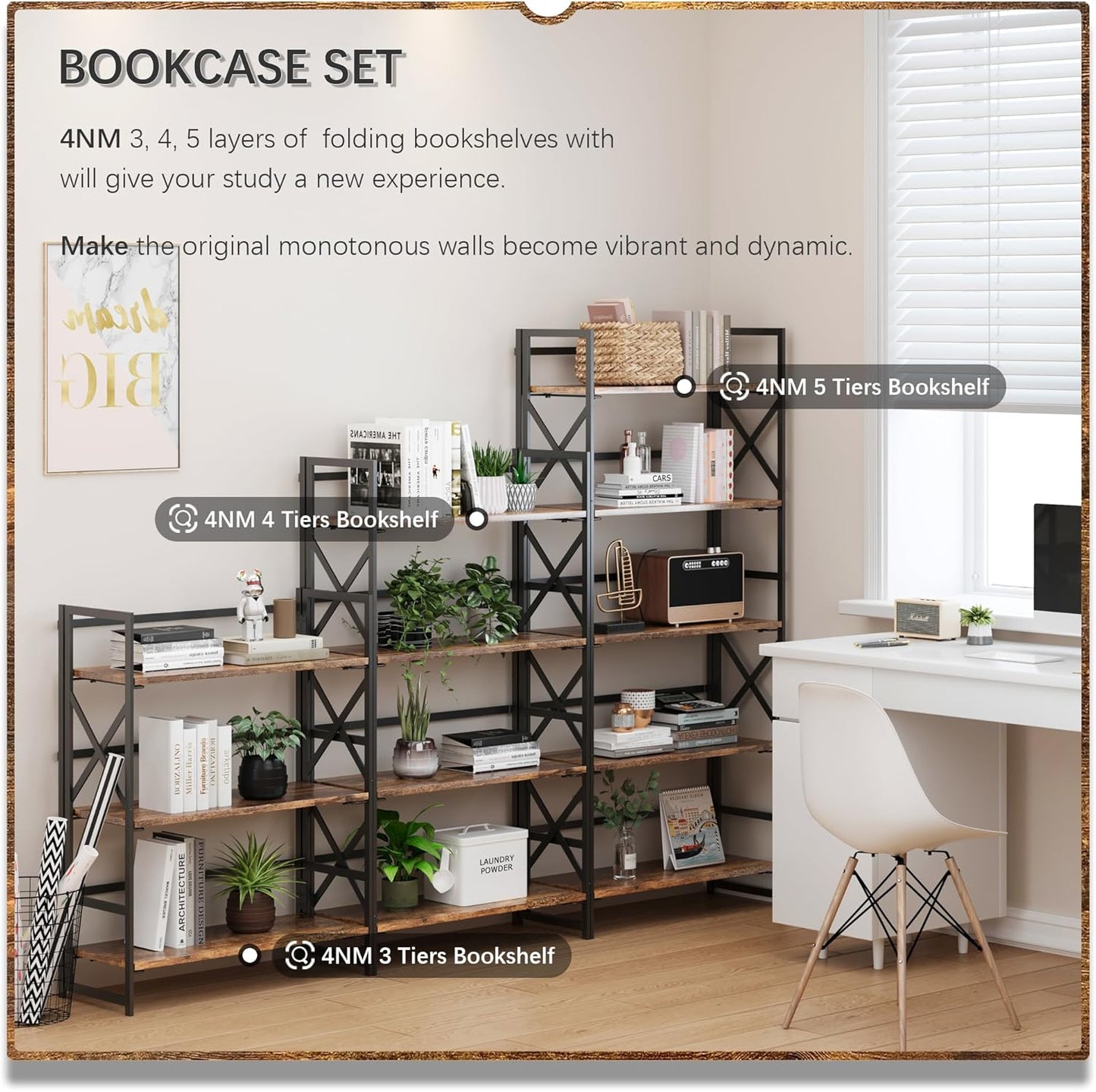 4NM 4 Tiers No Assembly Book Shelves, 41.3" H Folding Bookshelf Bookcase Open Industrial Foldable Shelves for Bedroom, Living Room, Home Office - Rustic Brown Black