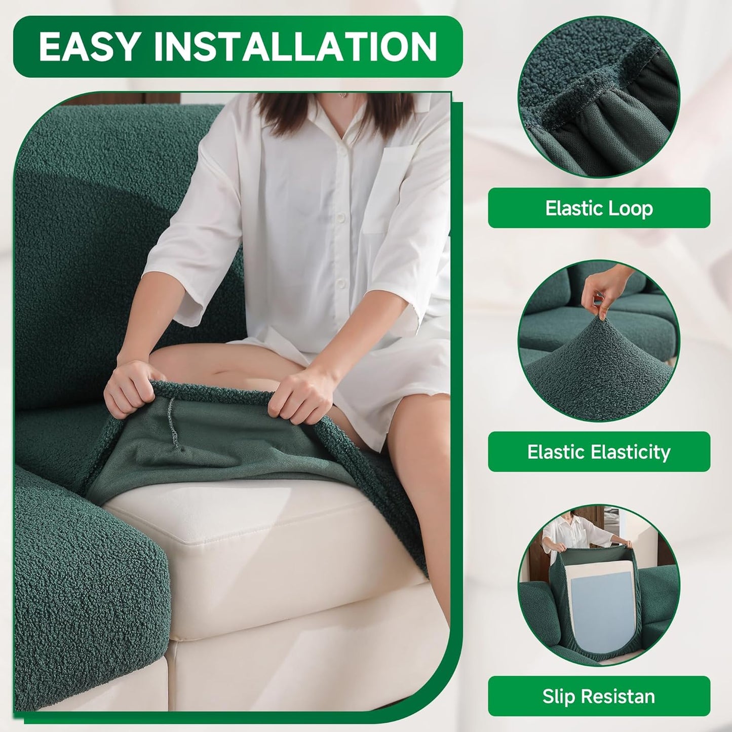 Couch Cushion Covers for Sectional Sofa, Stretch Soft Sofa Slipcovers Washable Wear-Resistant Universal Furniture Protector for Living Room(2 Seaters Covers, Green)