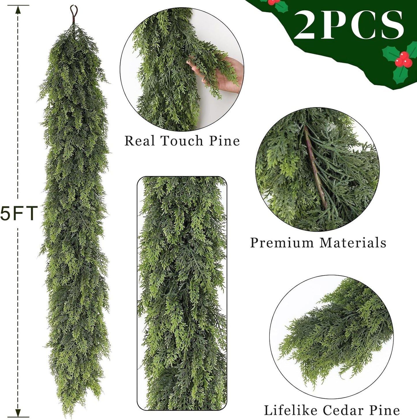 5FT Real Touch Cedar Garland - Artificial Christmas Garland Fake Green Faux Thick and Lush Pine Needles Garlands for Table Fireplace Mantle Holiday Home Indoor Outdoor Decor (2PCS)