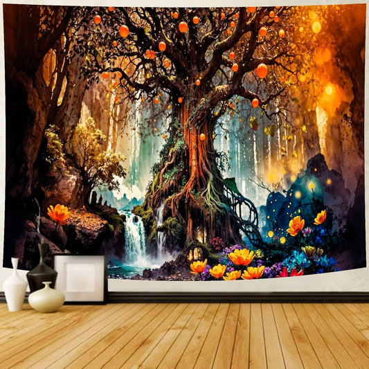 Delur Magical Forest Tapestry Fantasy Tree of Life Fairy Tale Enchanted Mystical Forest Tapestry Psychedelic Nature Landscape Wall Hanging Headboard for Bedroom Living Room Home Decor (51.2" x 59.1")