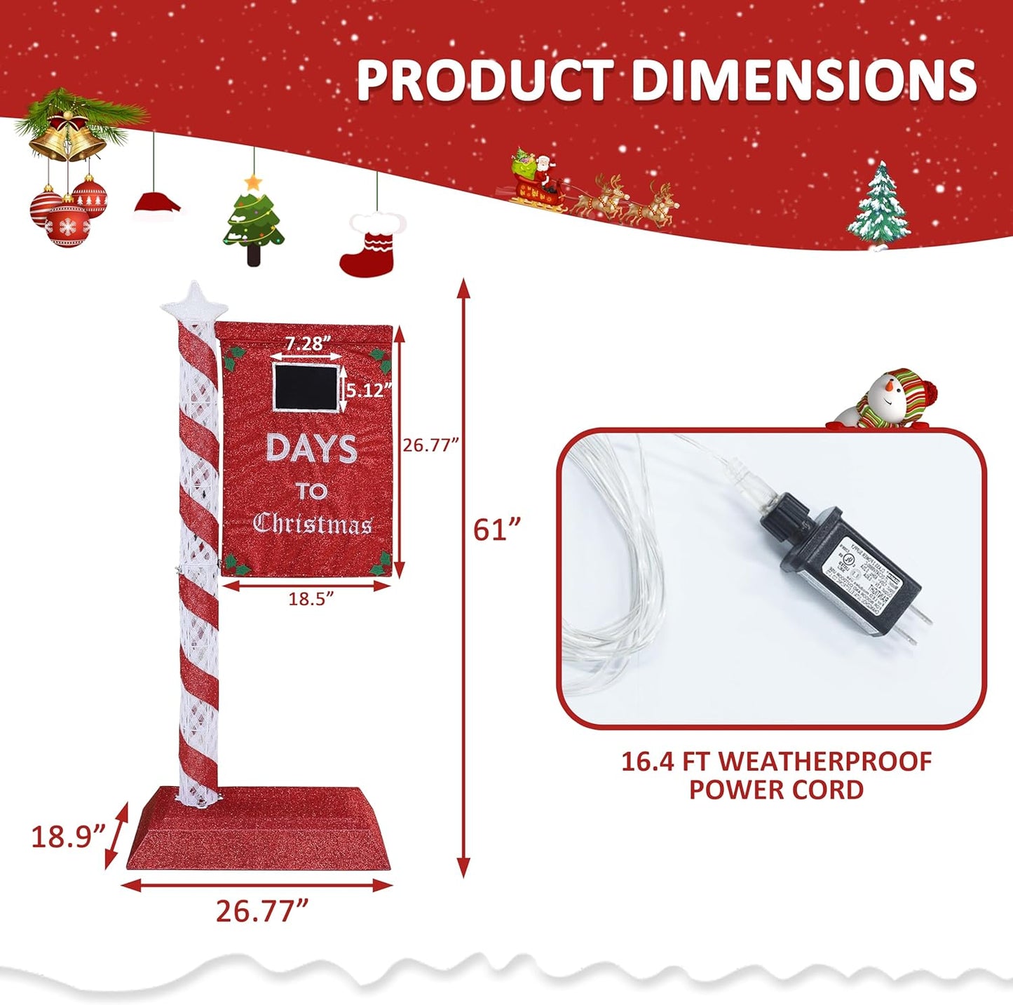 5FT Lighted Christmas Countdown Sign, Remote Control Available Within 0-60 Days, Holiday Countdown Sign Decor with 125 LED Lights, Freestanding Glittered Holiday Display for Outdoor, Indoor