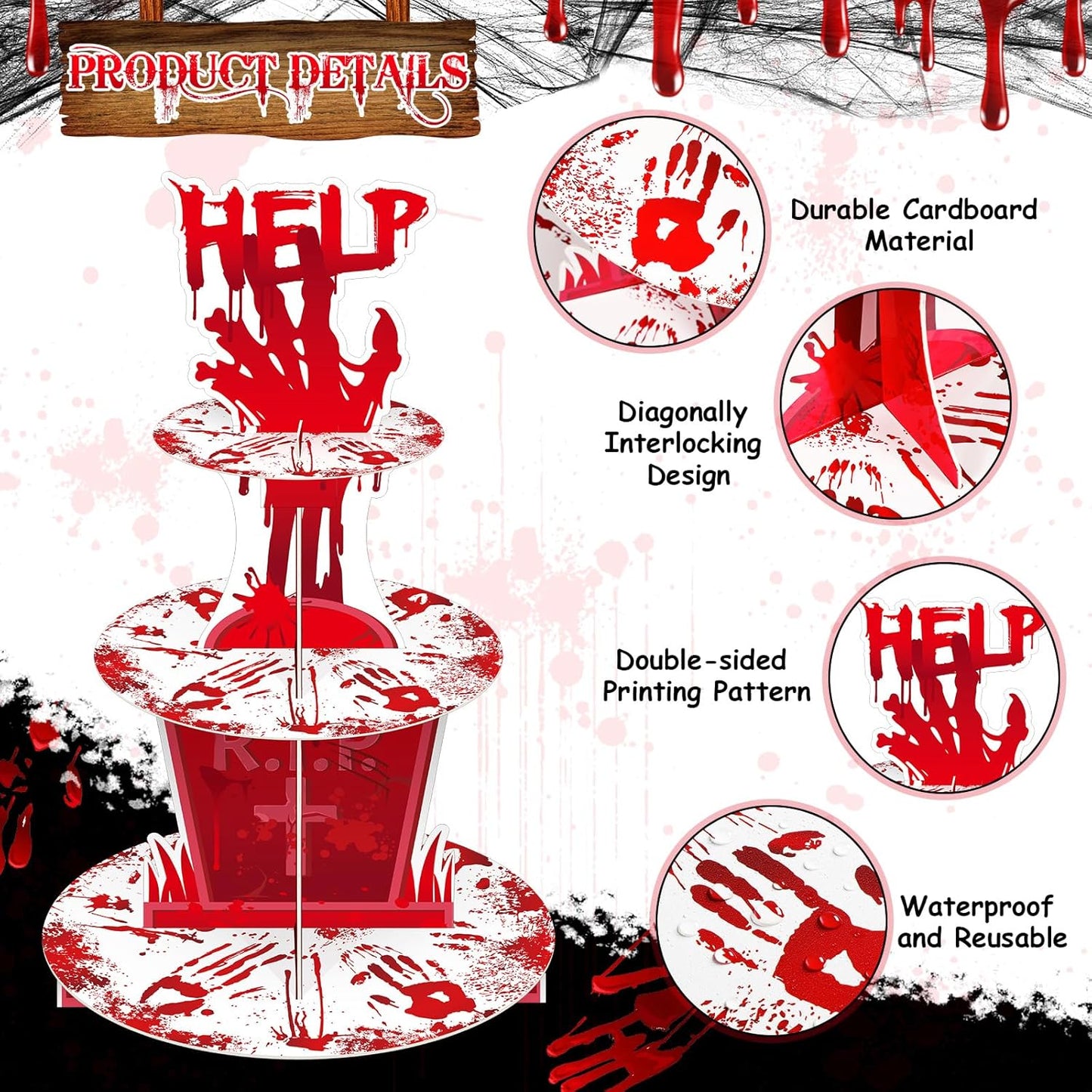 Sliner 3 Tier Halloween Bloody Cupcake Stand Party Decorations Bloodys Handprint Cupcake Holder Halloweens Bloodys Help Cake Holder Bloody Theme Dessert Stand for Horror Scary Party Supplies