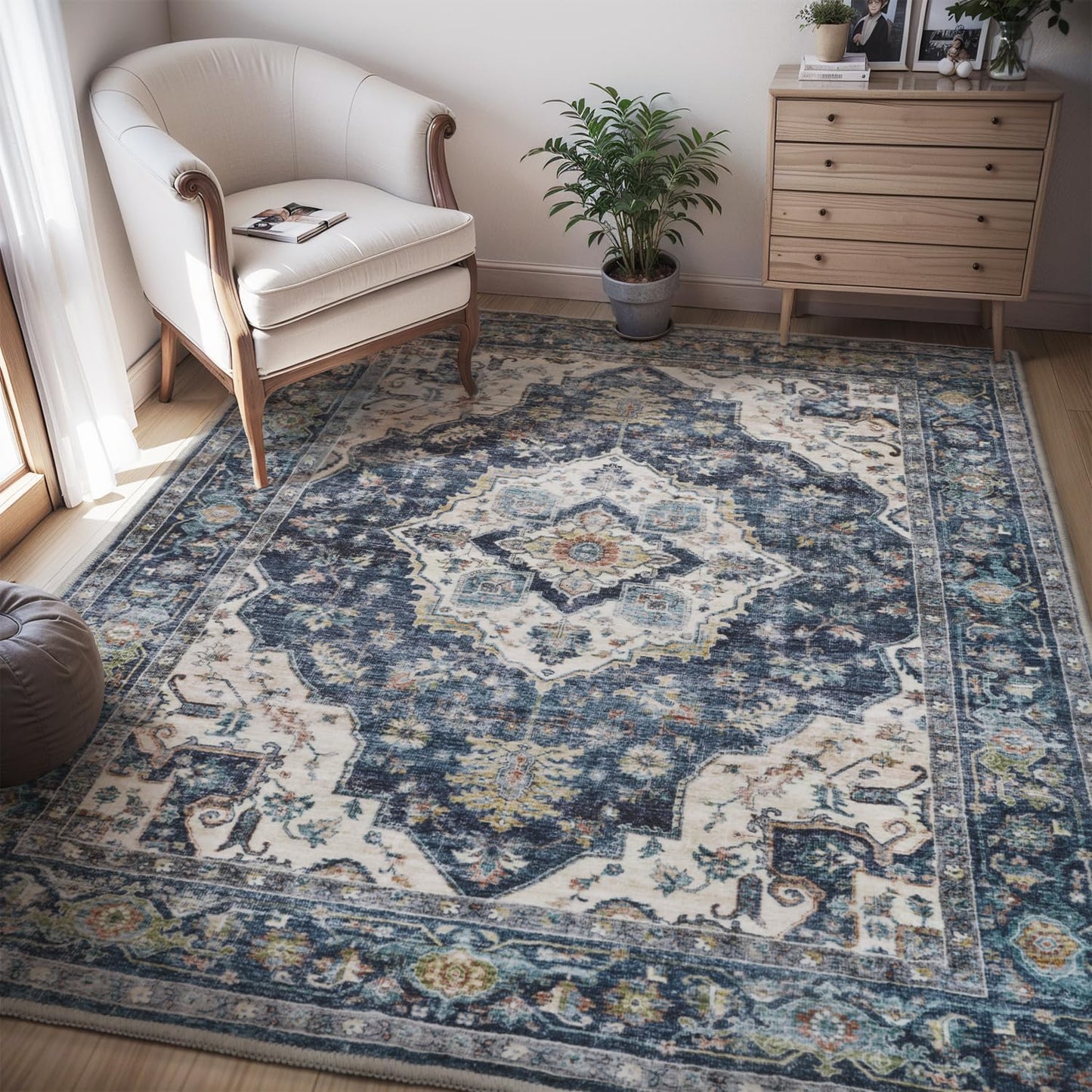 AMOAMI-4X6 Area Rugs for Living Room -Soft Vintage Bedroom Rugs-Non Slip Washable Rug-Throw for Living Room Bedroom Bedside Dining Room Office Blue