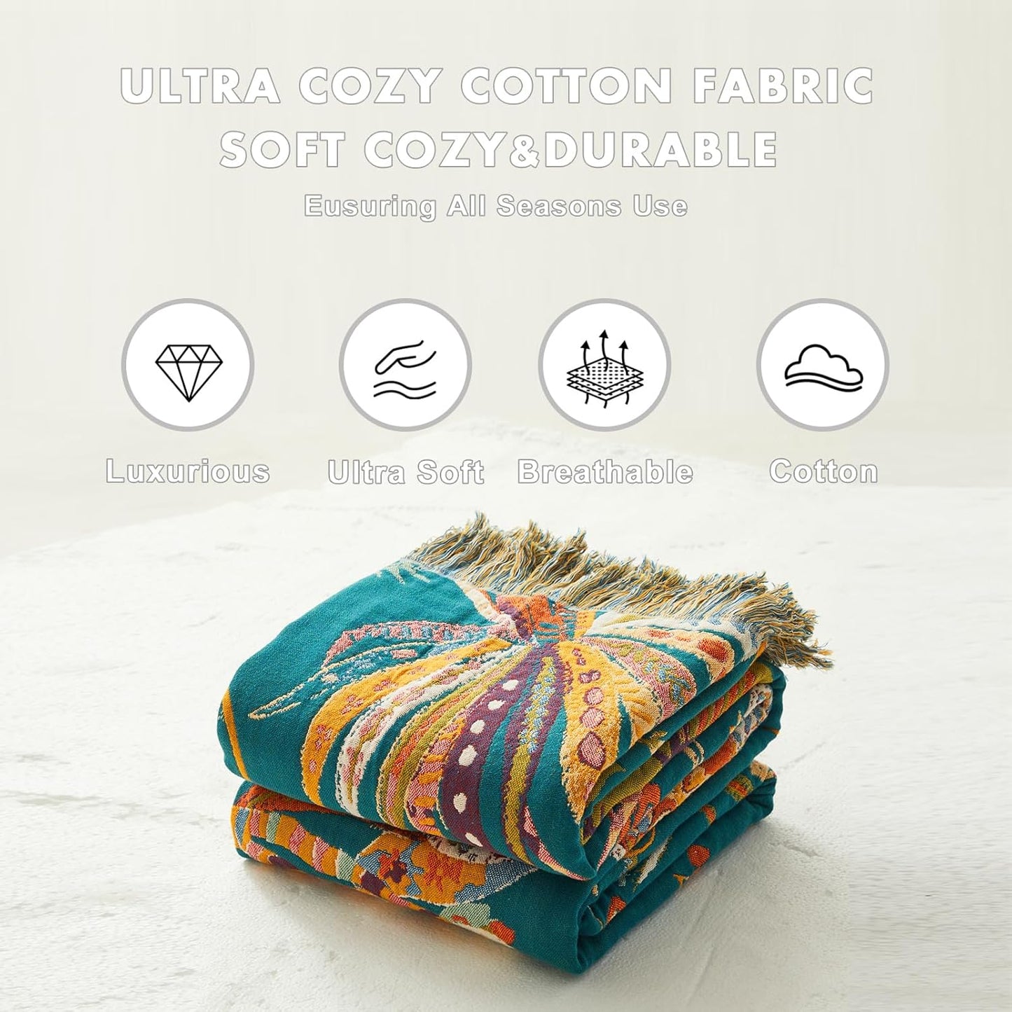 MSGKV Boho Throw Blanket for Bed Twin Size Cotton Muslin Breathable Floral Blanket 60"x80" Sofa Couch Blankets for All Seasons Lightweight Farmhouse Blankets Boho Home Decor