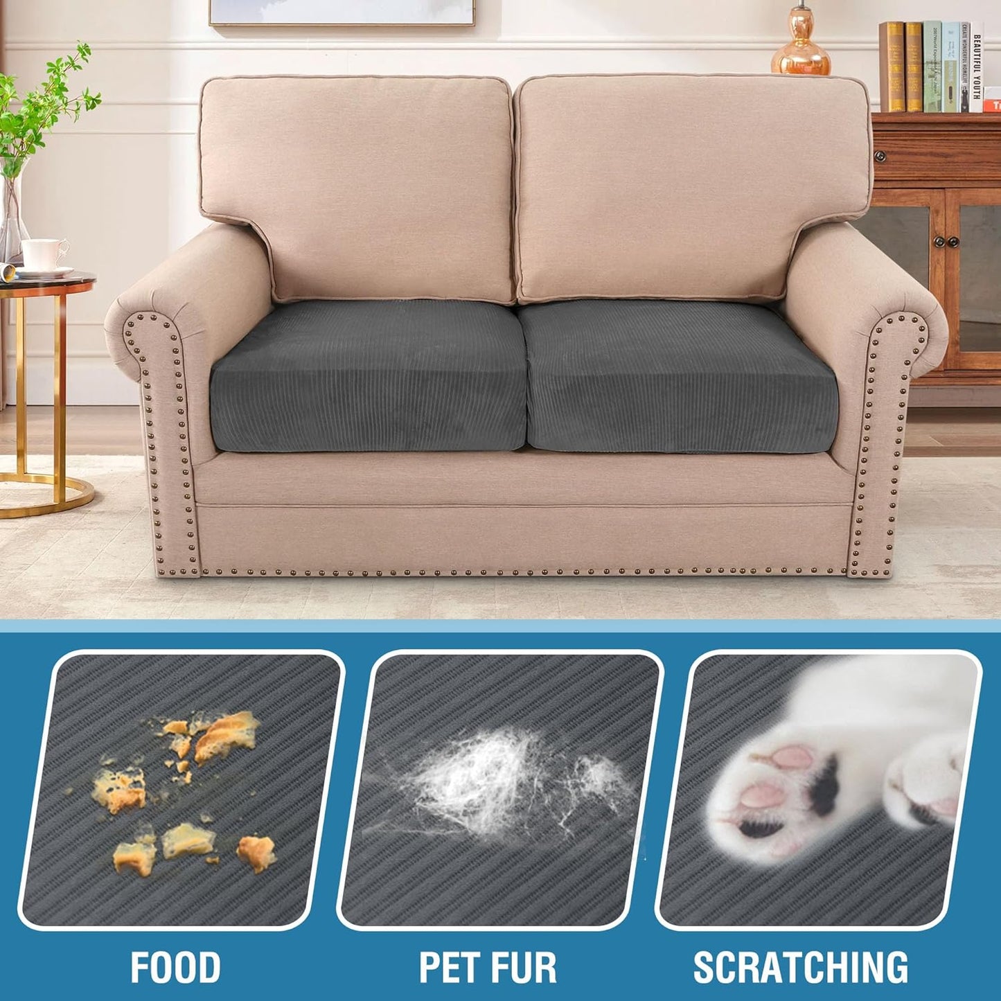 H.VERSAILTEX Velvet Stretch Couch Cushion Cover Plush Cushion Slipcover for Chair Loveseat Sofa Cushion Furniture Protector Seat Cushion Sofa Cover (2 Piece Large Sofa Cushion Covers, Grey Striped)