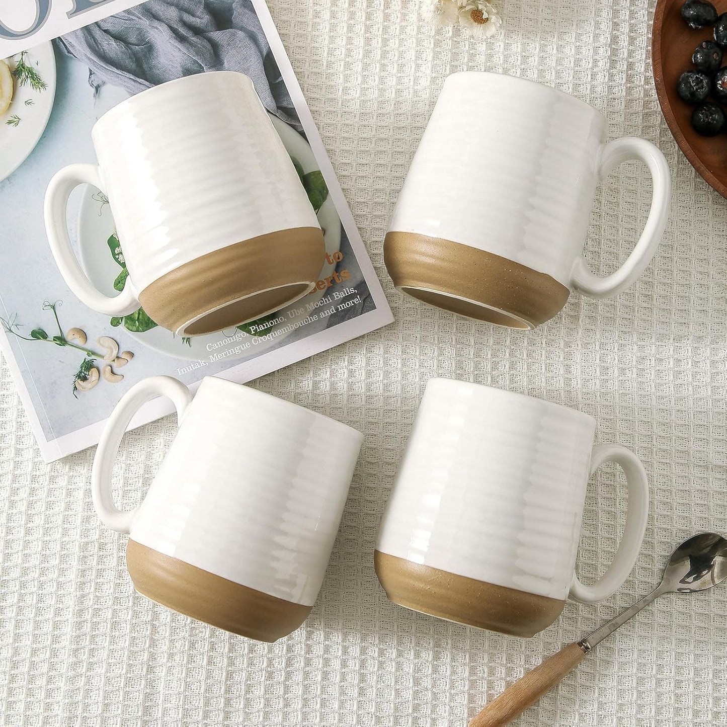 Large Ceramic Coffee Mugs Set - 15 OZ Porcelain Coffee Latte Cups Set of 4 with Handle Perfect for Cappuccino, Tea, Mocha, Hot or Cold Drinks, Unique Glaze Design for Home, Cafe and Coffee Bar, White