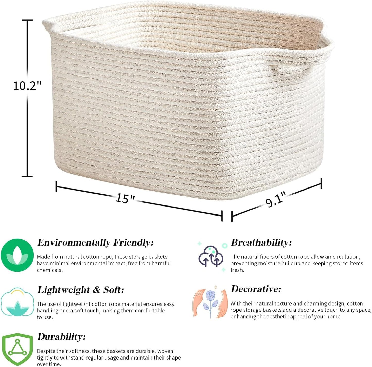 3 Packs Cotton Rope Woven Basket With Handles for Shelves -15"*10.2"*9.1"(White)