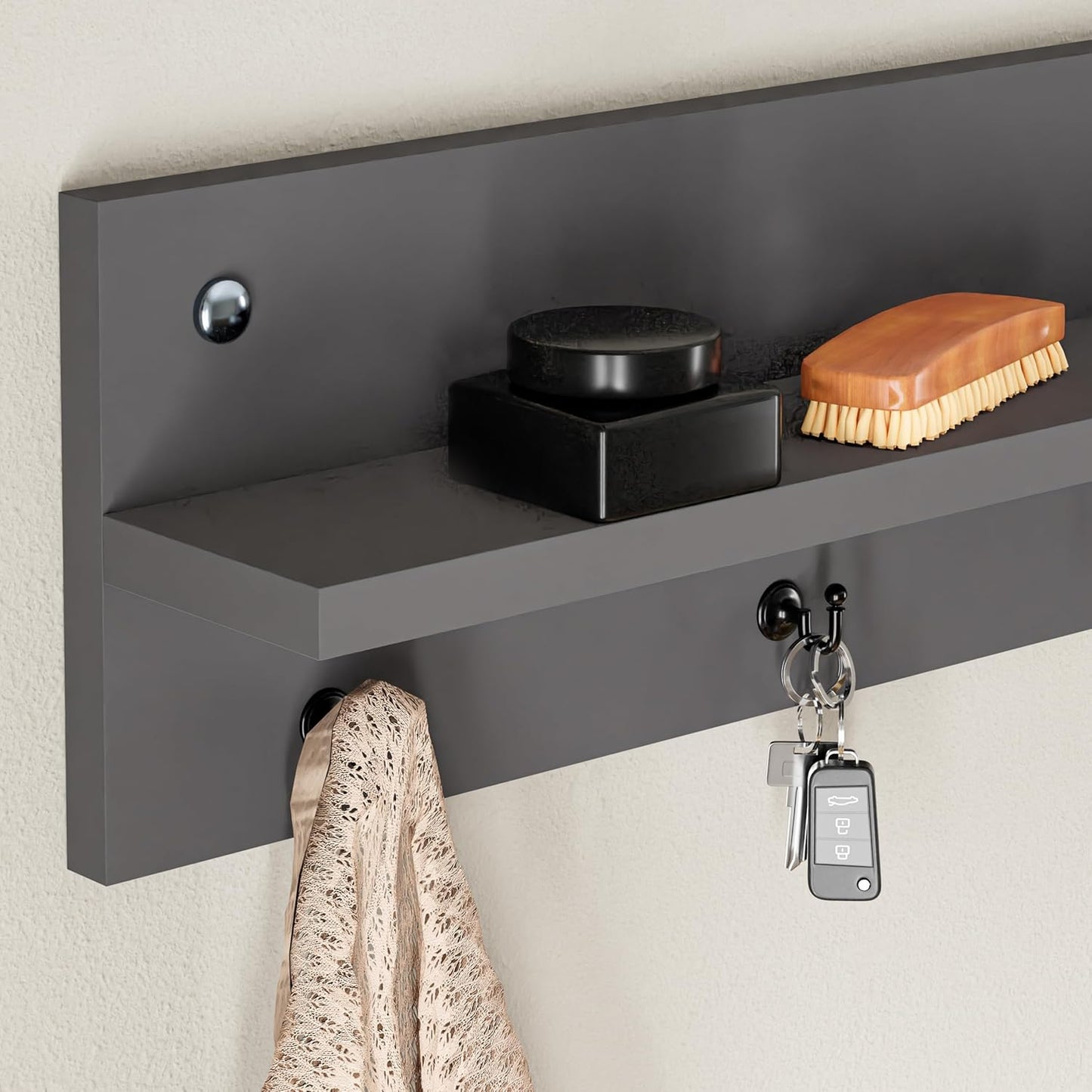 Modern Wall-Mounted Coat Rack with Shelf and Hooks - Wooden Entryway Organizer (Grey)