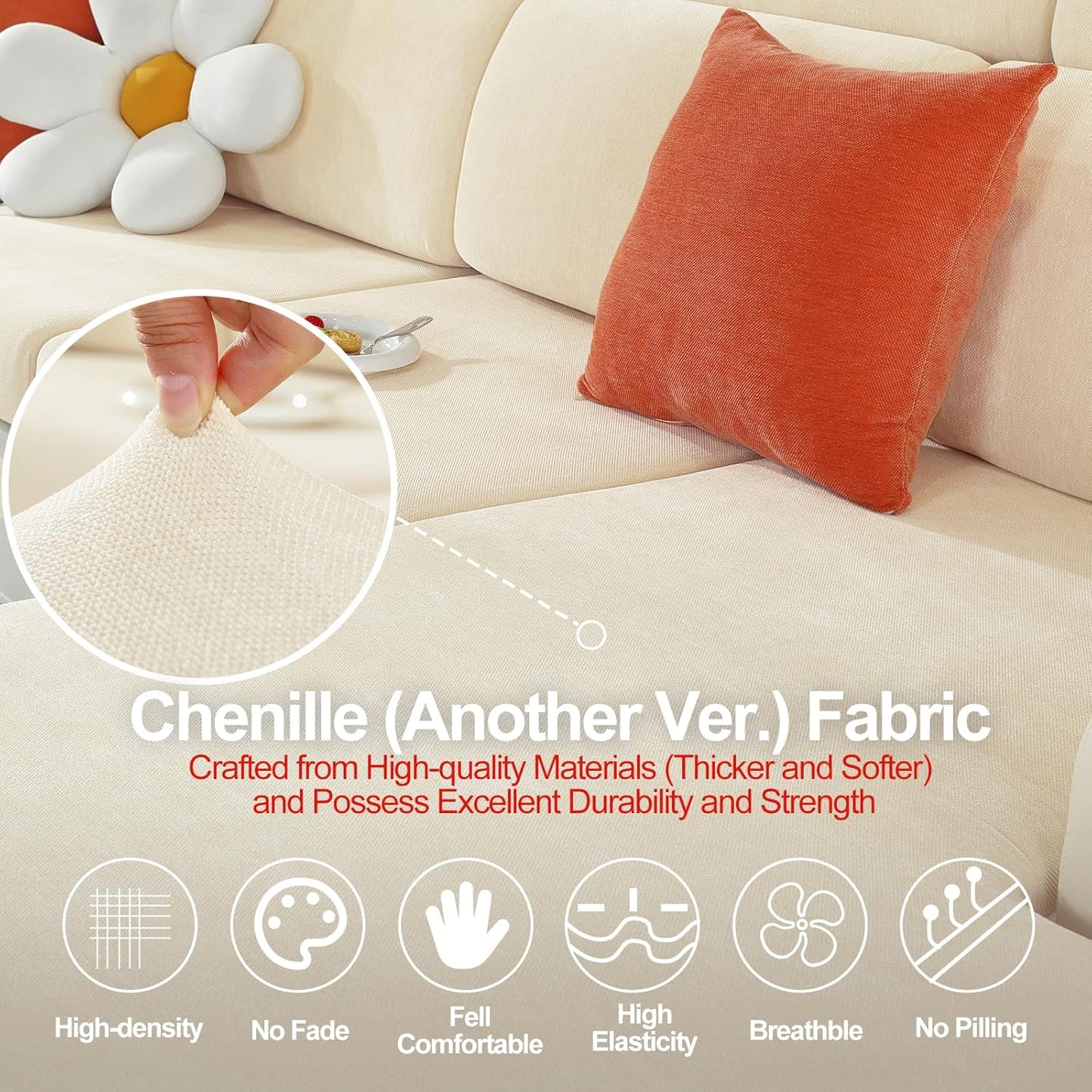 Individual Couch Cushion Covers, Stretch Sectional Couch Covers for L Shaped Sofa, Softer Chenille Sofa Covers for 2 Couch Cushions, Non-Slip Seat Slipcover Protector (2 Piece, Beige)