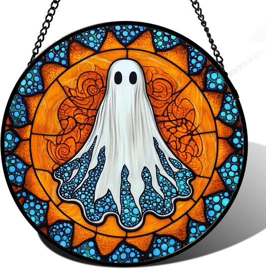 Stained Glass Window Hanging - Halloween Decorations White Ghost Suncatcher for Doors Garden Indoor Spooky Funny Blue Sun Catchers Gothic Decor Horror Gifts for Women Men Friend 11.8 in