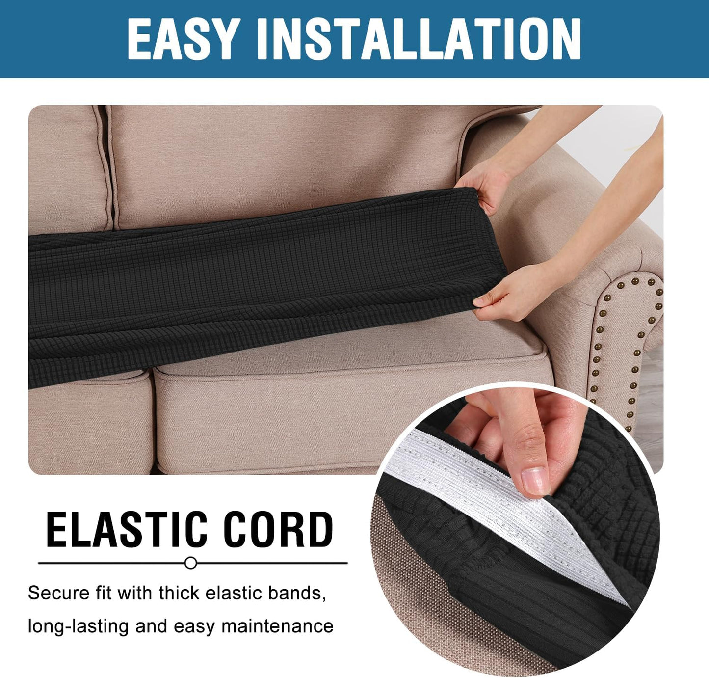 H.VERSAILTEX Super Stretch Individual Seat Cushion Covers Sofa Covers Couch Cushion Covers Slipcover Sets Thick Jacquard Textured Twill Fabric (1 Piece Loveseat Cushion Cover, Black)