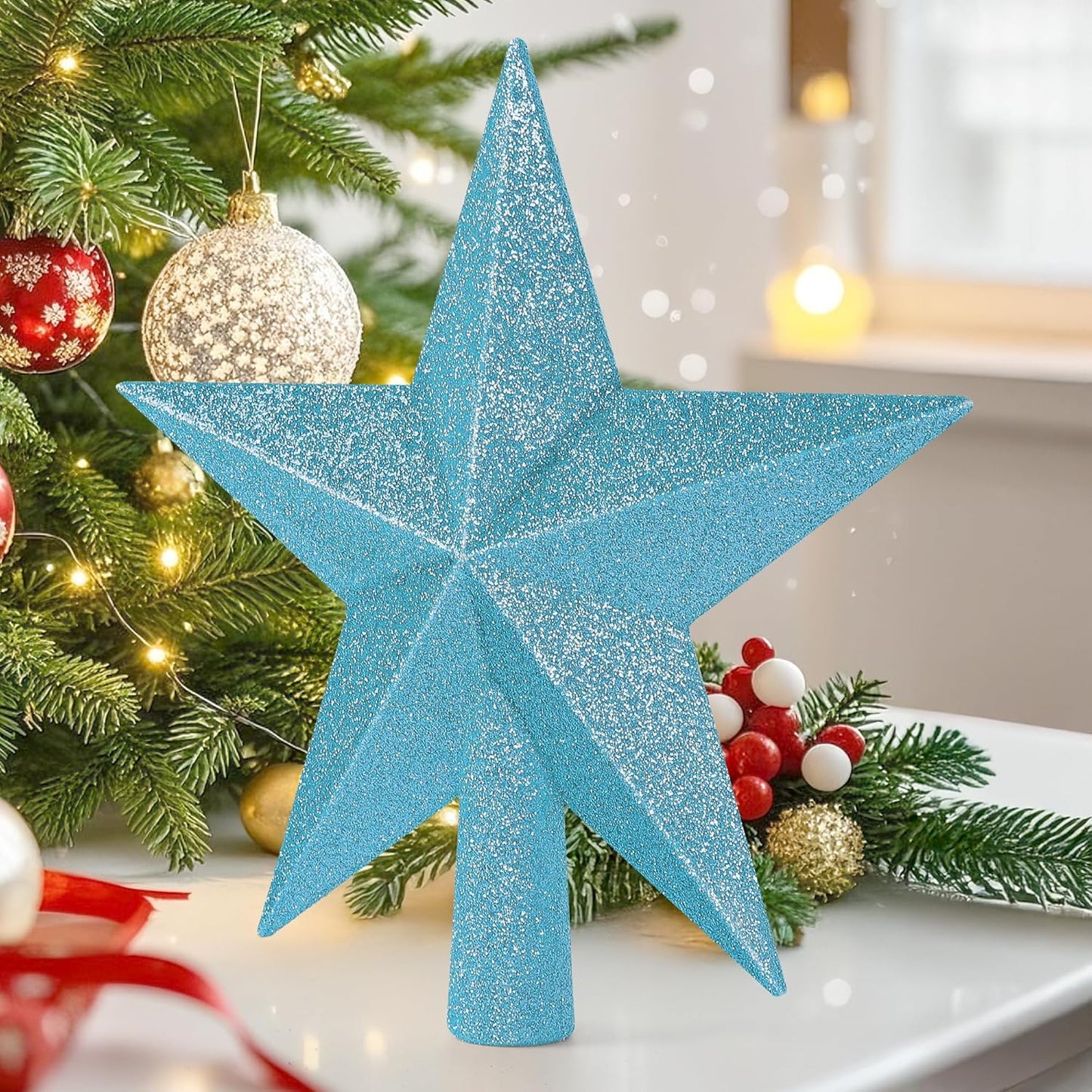 Christmas Tree Topper, Blue 8" 3D Star Tree Topper Decorations, Christmas Tree Topper Bethlehem Star Ornament, Glitter Waterproof Shatterproof Xmas Tree Decor for Holiday Xmas Home Indoor Outdoor