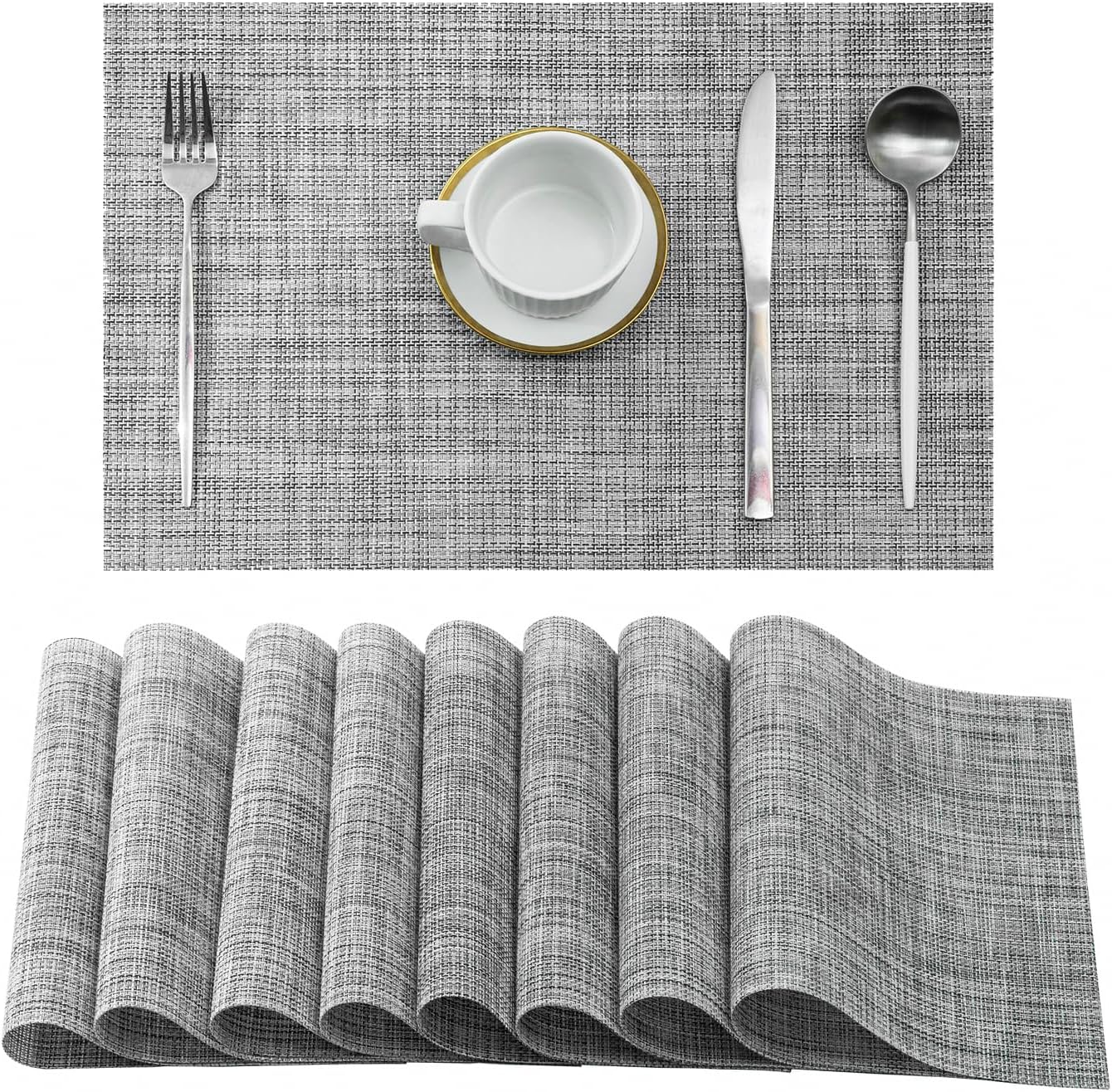 Leetaltree Linen Grey Placemats Set of 8 - Heat Resistant Non-Slip Place mats for Dining Table, Washable Durable PVC Vinyl Woven Table Mats（Linen Grey, 8）