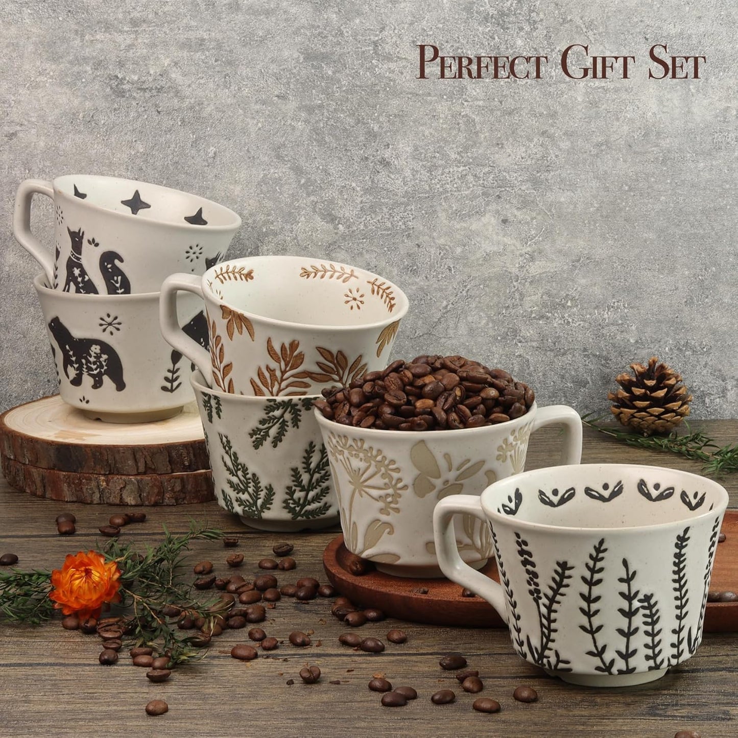 Ceramic Coffee Mug, 12 oz Novelty Unique Teacup with Large Handle, Stoneware Cup for Tea Mocha Latte Cappuccino Espresso (Set of 4, Butterfly Grass Ivy and Leaf)