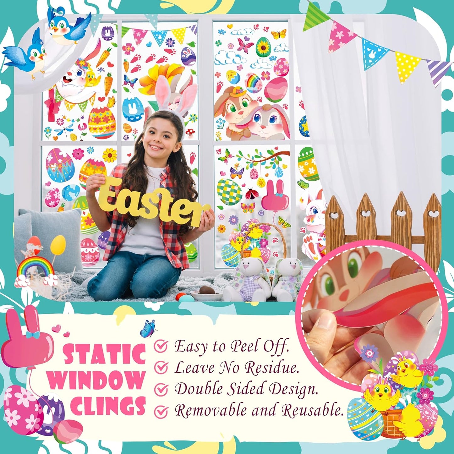Large Easter Window Clings - Bunny Window Stickers Decals for Glass Windows, Cute Easter Egg Double Sided Reusable Window Holiday Decorations, Bird Office Spring Patry Decor, 9Sheet/121PCS