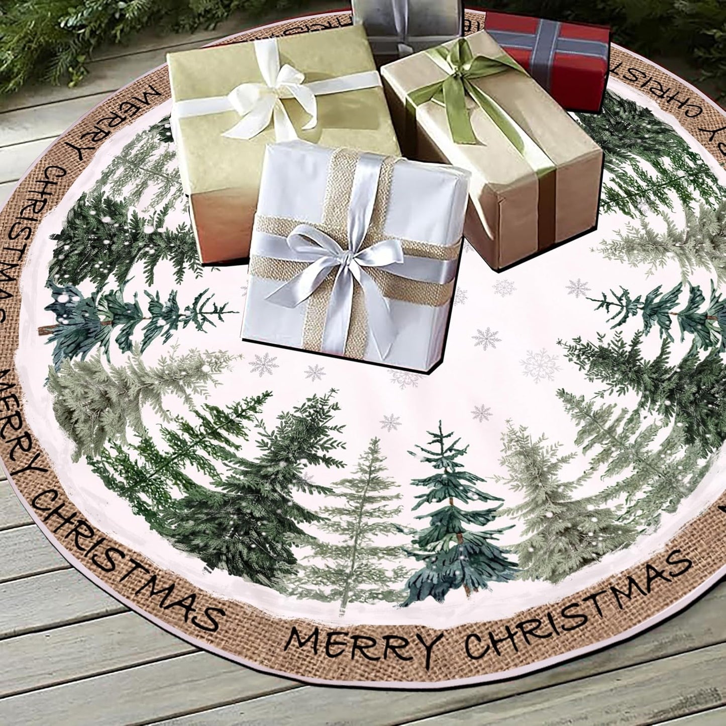 Baccessor Christmas Tree Skirt 48 Inch Pine Trees Snowy Forest Christmas Tree Skirt Collar for Farmhouse Vintage Rustic Merry Christmas Xmas Winter Holiday Party Decoration