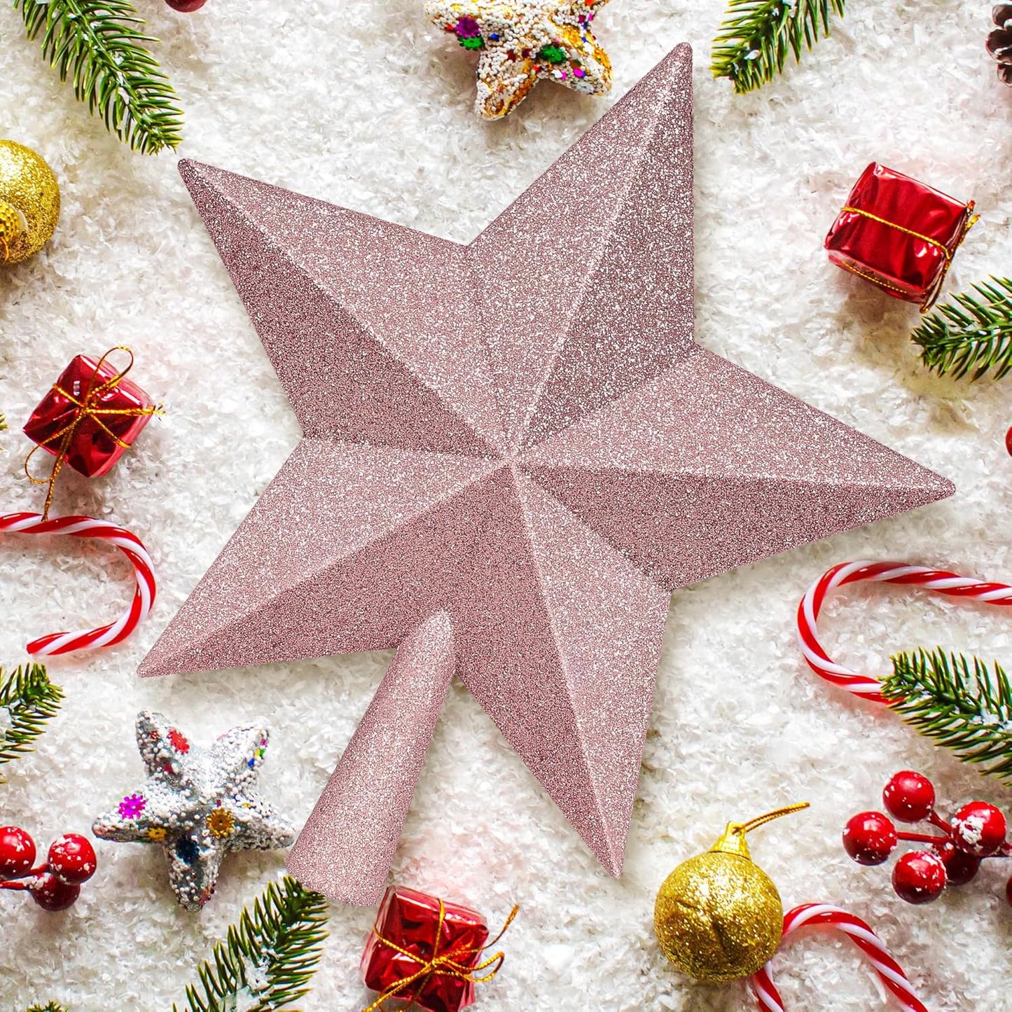 Christmas Tree Top Ornament, 10" Rose Gold Christmas Star Tree Topper, Large Xmas Glitter 3D Bethlehem Tree Topper Ornament, Waterproof Holiday Christmas Tree Topper Star for Home Indoor Outdoor