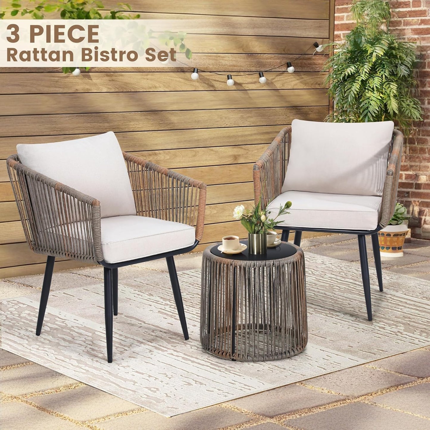 Kromax 3 Pieces Patio Rattan Bistro Conversation Set, Outdoor All-Weather Wicker Furniture Chairs and Side Table Set Ideal for Balcony, Porch and Backyard, Beige