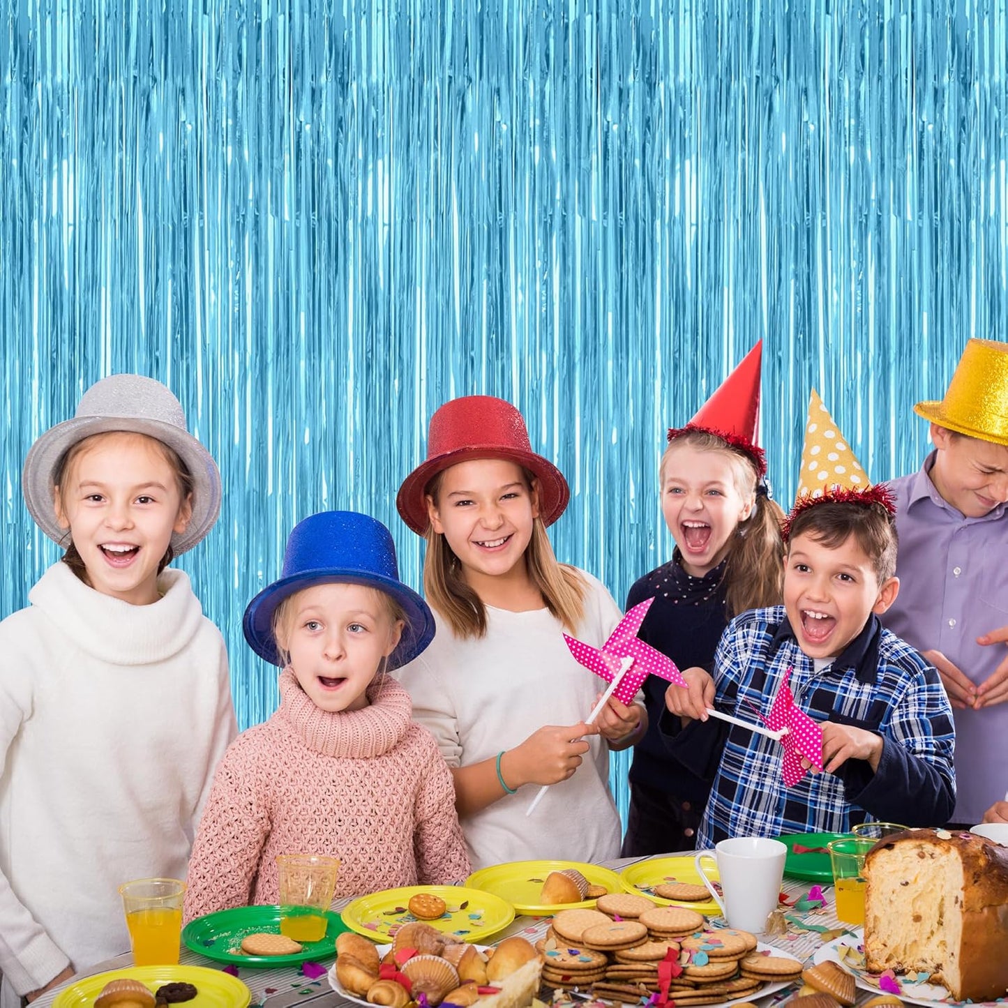 4 Pack Party Decorations, 3.28 FT x 7.05 FT Blue Foil Streamers, Metallic Sky Blue Backdrop Fringe Curtains Bithday Back Drop, Winter Backdrop for Party Supplies Door Decor Hanging