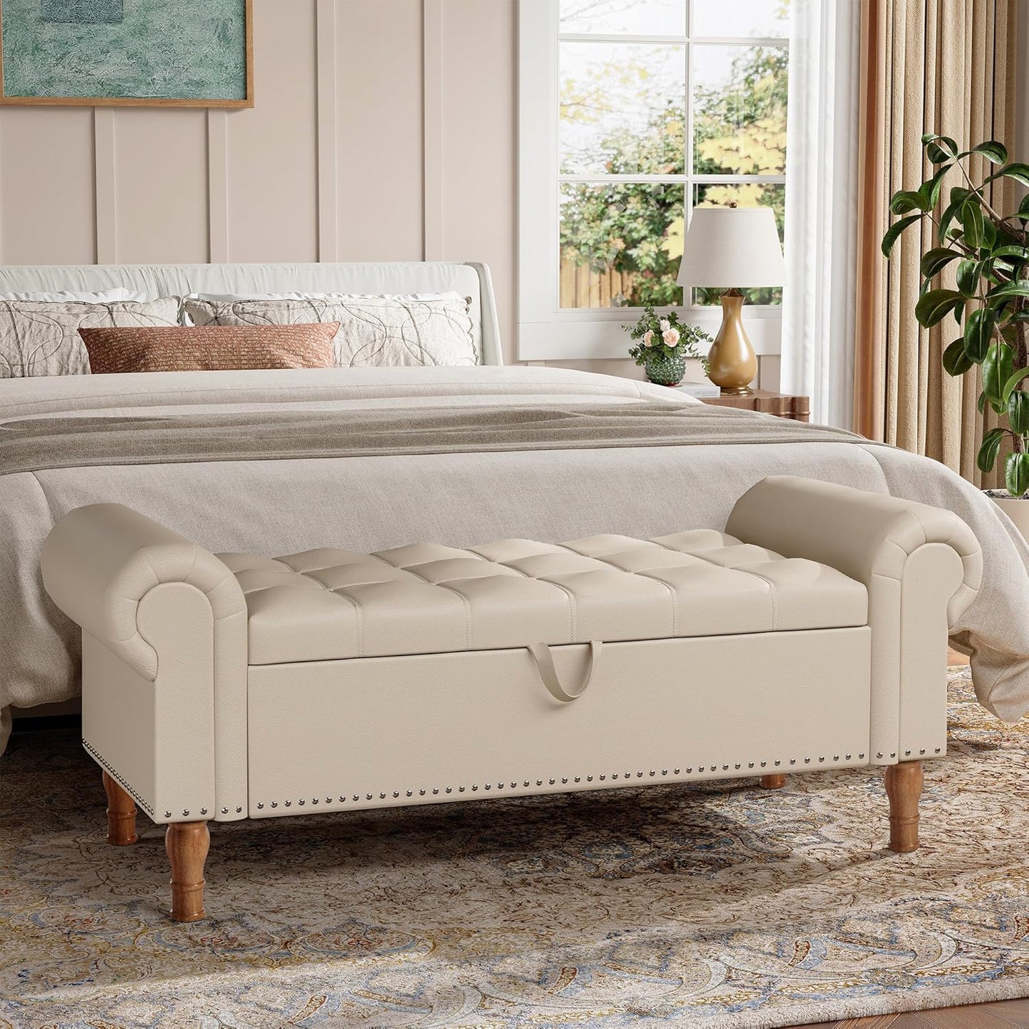 Storage Ottoman Bench for Bedroom, 51" Upholstered Bench with Rolled Arms and Vintage Rivets for Living Room, Full & Queen Leather Storage Bench with Button for Entryway, Beige+Nature Legs