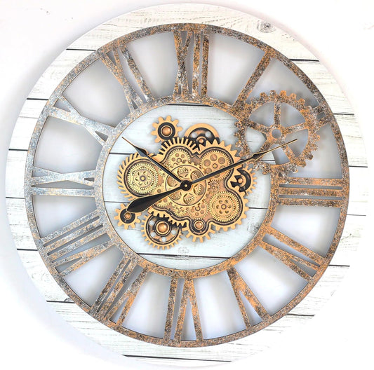 The Gears Clock 36'' Inch Real Moving Gear Wall Clock Vintage Industrial Oversized Rustic Farmhouse (White Farmhouse)