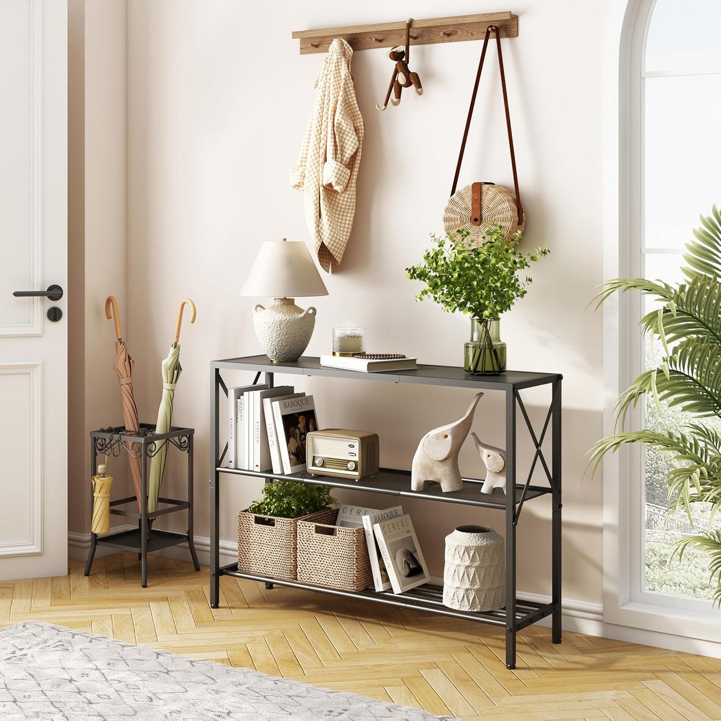 Hoctieon Industrial Console Table, 3 Tier Entryway Table, Hallway Table, Narrow Sofa Table with Shelves, Entrance Table for Entryway, Living Room, Foyer, Hallway, Office, Black