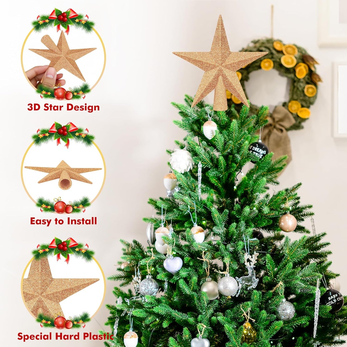 1PCS Xmas Tree Topper, 4" Star Christmas Tree Topper Glitter, Mini Bethlehem Star Xmas Shatterproof Tree Topper Decorations, Waterproof Christmas for Holiday Home Indoor & Outdoor Ornament