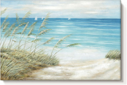 Beach Coastal Canvas Wall Art: Sea Reed Hand Painting Vintage Abstract Blue Ocean Boat Nautical Pictures Modern Seascape Grass Path Artwork Decor for Bathroom Bedroom