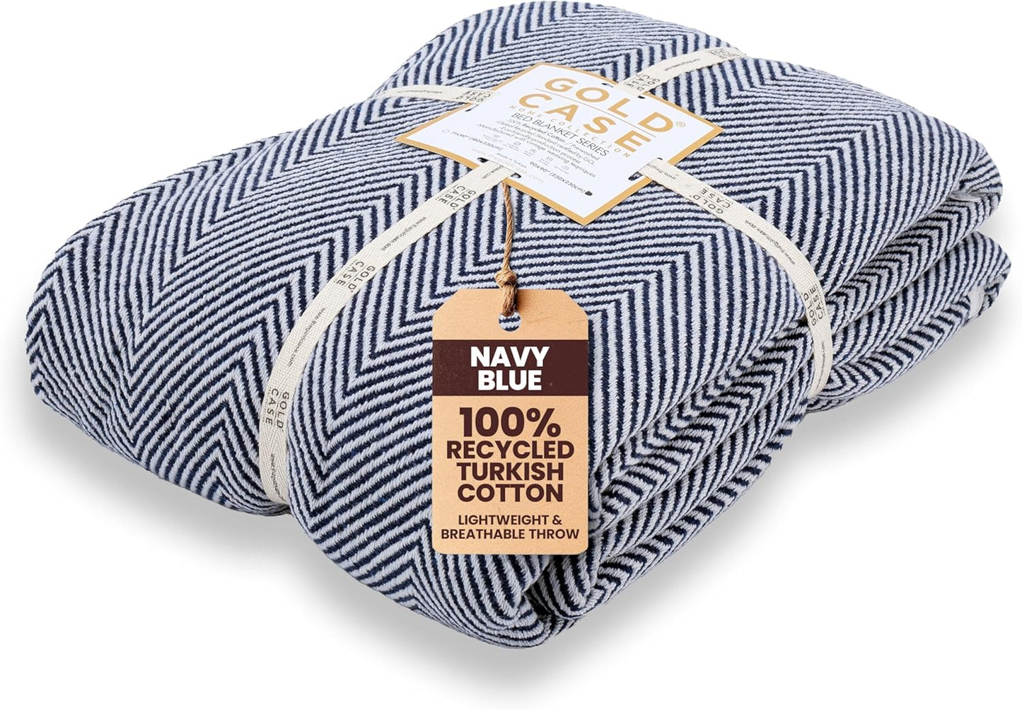 Gold Case Throw Blanket for Bed – 100% Recycled Turkish Cotton Bed Blanket – Decorative Throw Cotton Blankets for Living Room & Bedroom – Woven Twin Blankets - 71x90 - Navy Blue