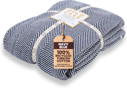 Gold Case Throw Blanket for Bed – 100% Recycled Turkish Cotton Bed Blanket – Decorative Throw Cotton Blankets for Living Room & Bedroom – Elegant Navy Blue Woven Queen Blankets – 90x90