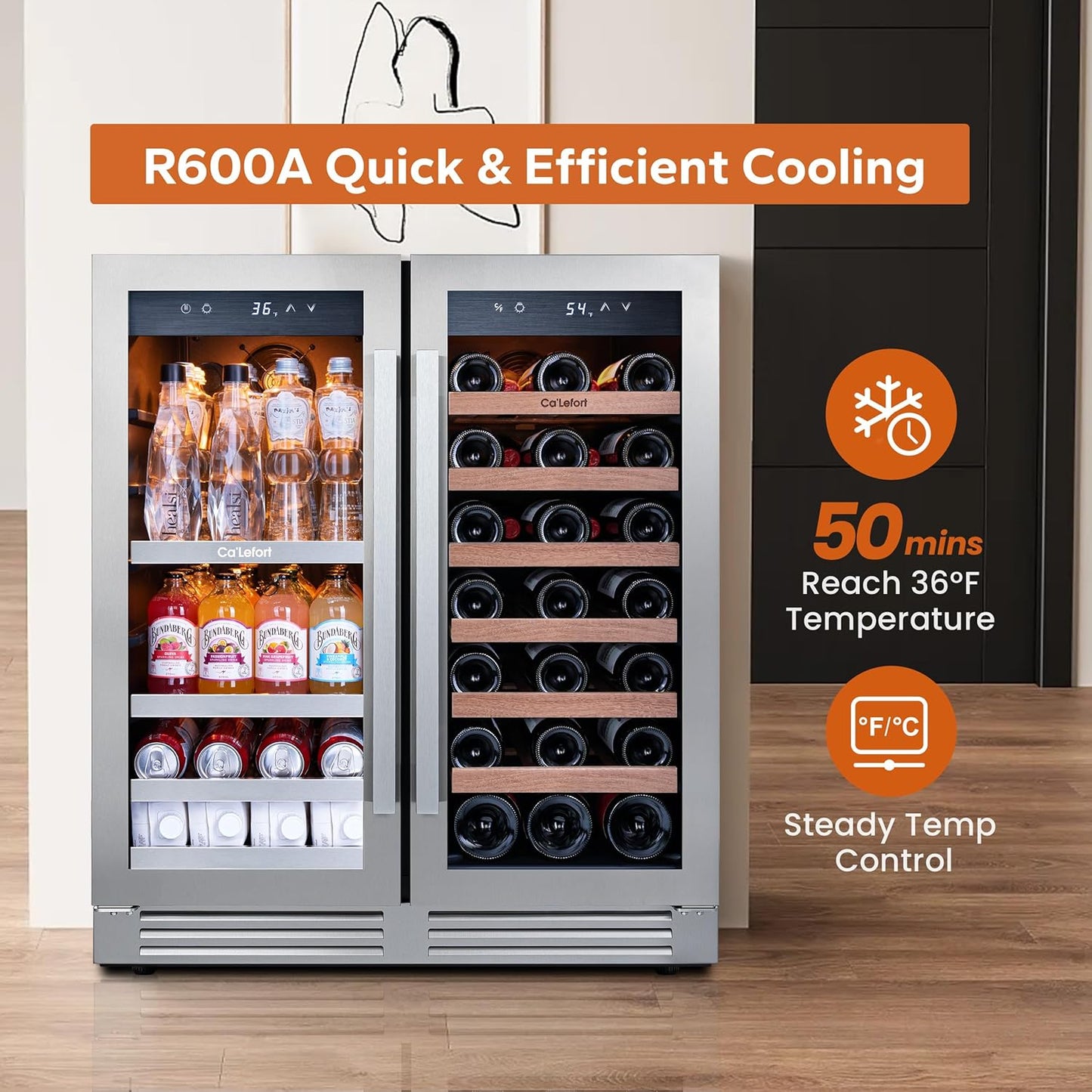 Ca'Lefort 30 Inch Wine and Beverage Refrigerator, 80 Can and 33 Bottle French Door Wine Refrigerator 36-72°F, 3 LED Wine Fridges with Glass Door, Built-in or Freestanding for Home/Kitchen (6.00 cu.ft)