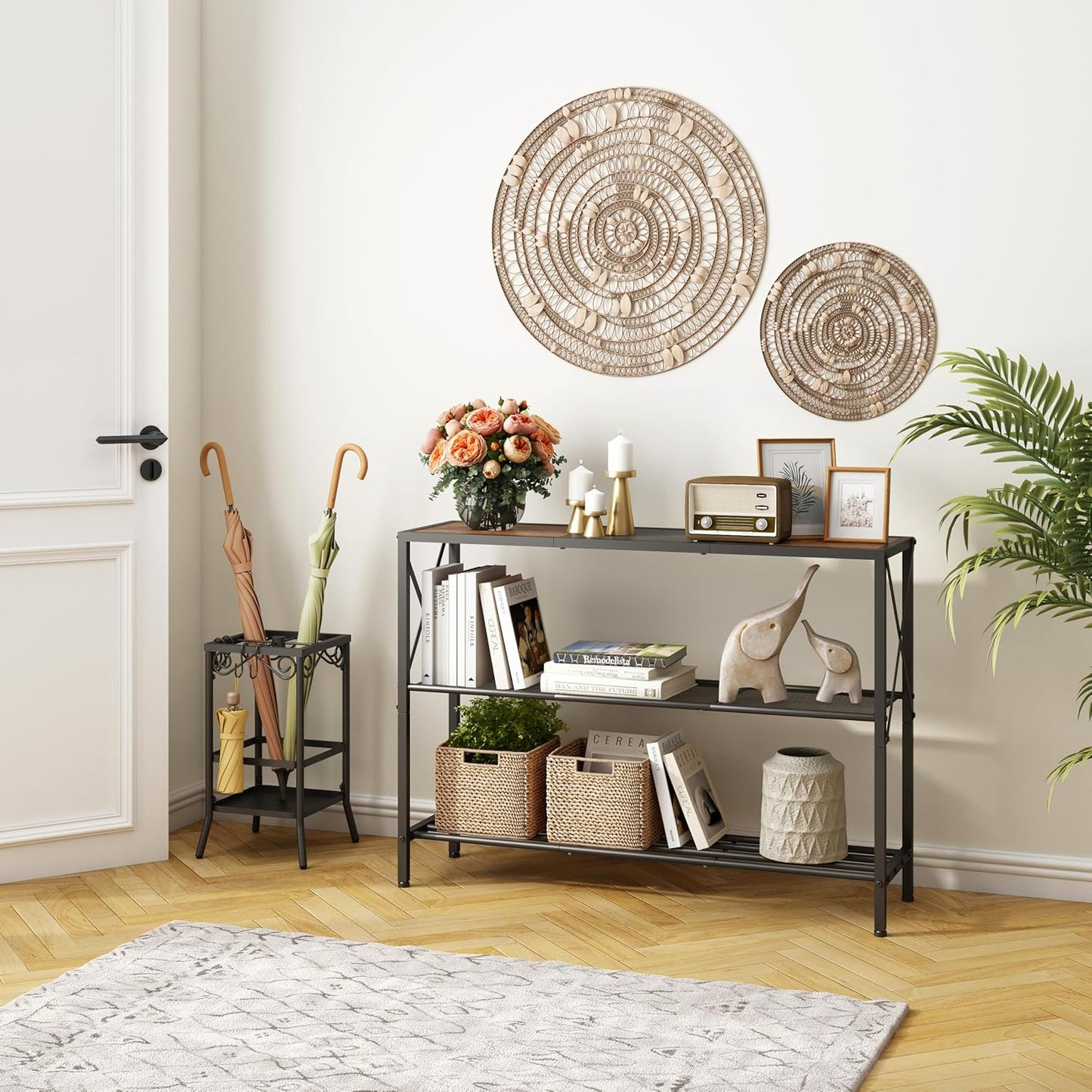 Hoctieon Industrial Console Table, 3 Tier Entryway Table, Hallway Table, Narrow Sofa Table with Shelves, Entrance Table for Entryway, Rustic Brown&Black