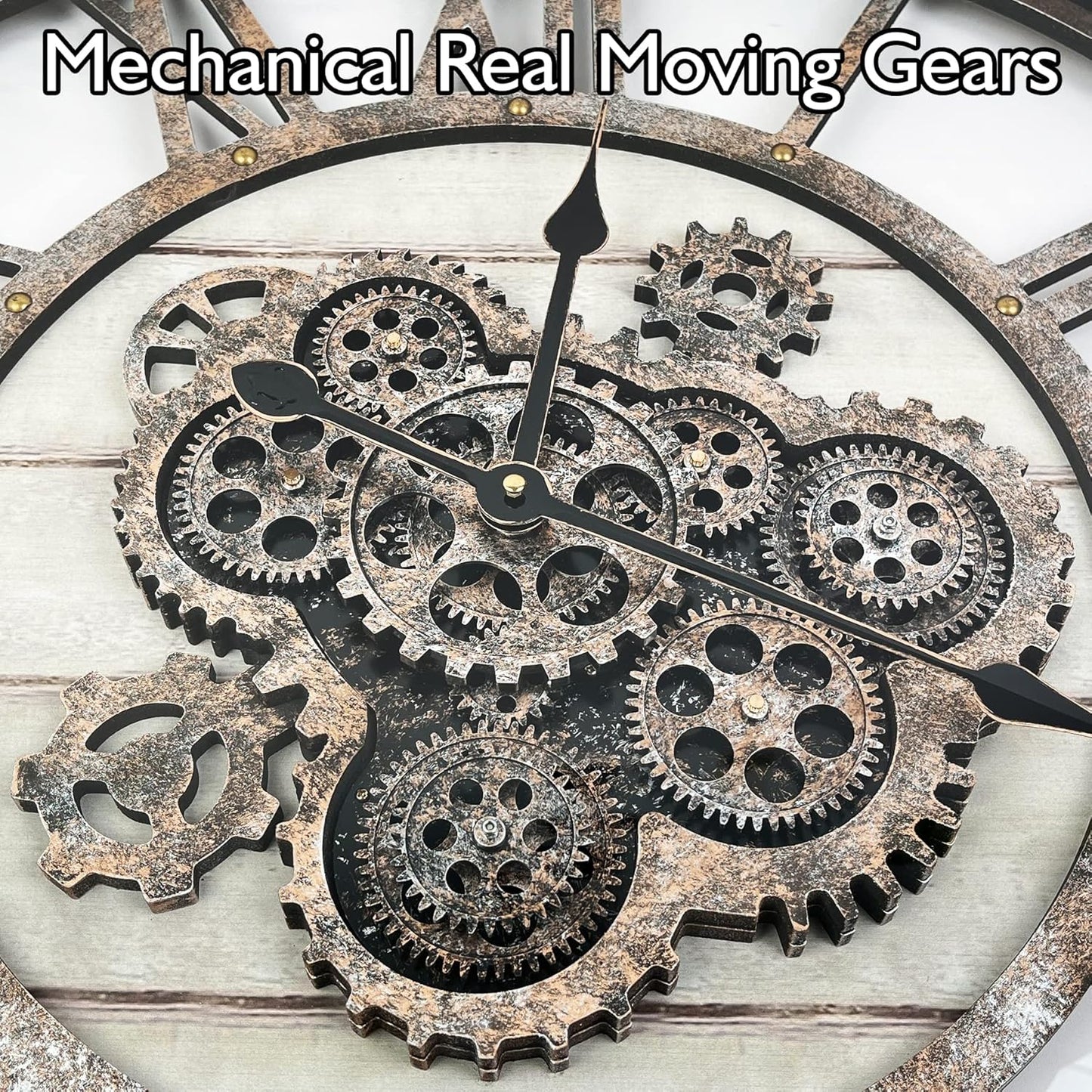 DORBOKER 24" Large Wall Clock with Moving Gears,Oversize Vintage Industrial Rustic Farmhouse Clocks for Living Room Decor Office Home,Solid Wood Retro Metal HD Tempered Glass Cover,Desert Beige