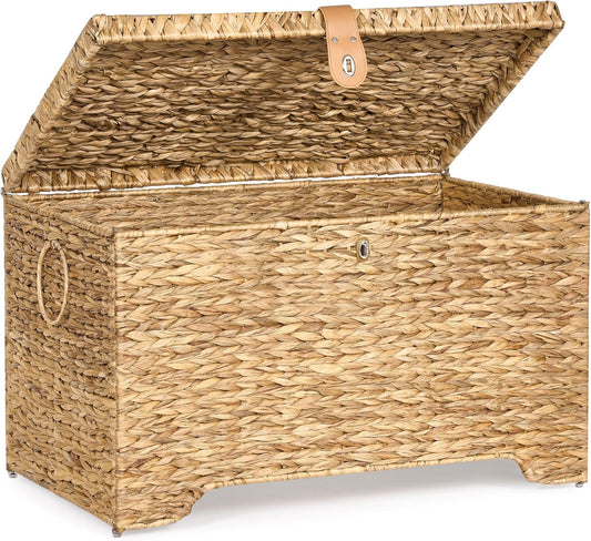 Handwoven Storage Basket with Lid, 165L Wicker Storage Bin, Natural Water Hyacinth, Leather Buckle & Metal Frame, Metal Ring Handles for Easy Transport, Storage Chest & Trunk for Bedroom, Living Room