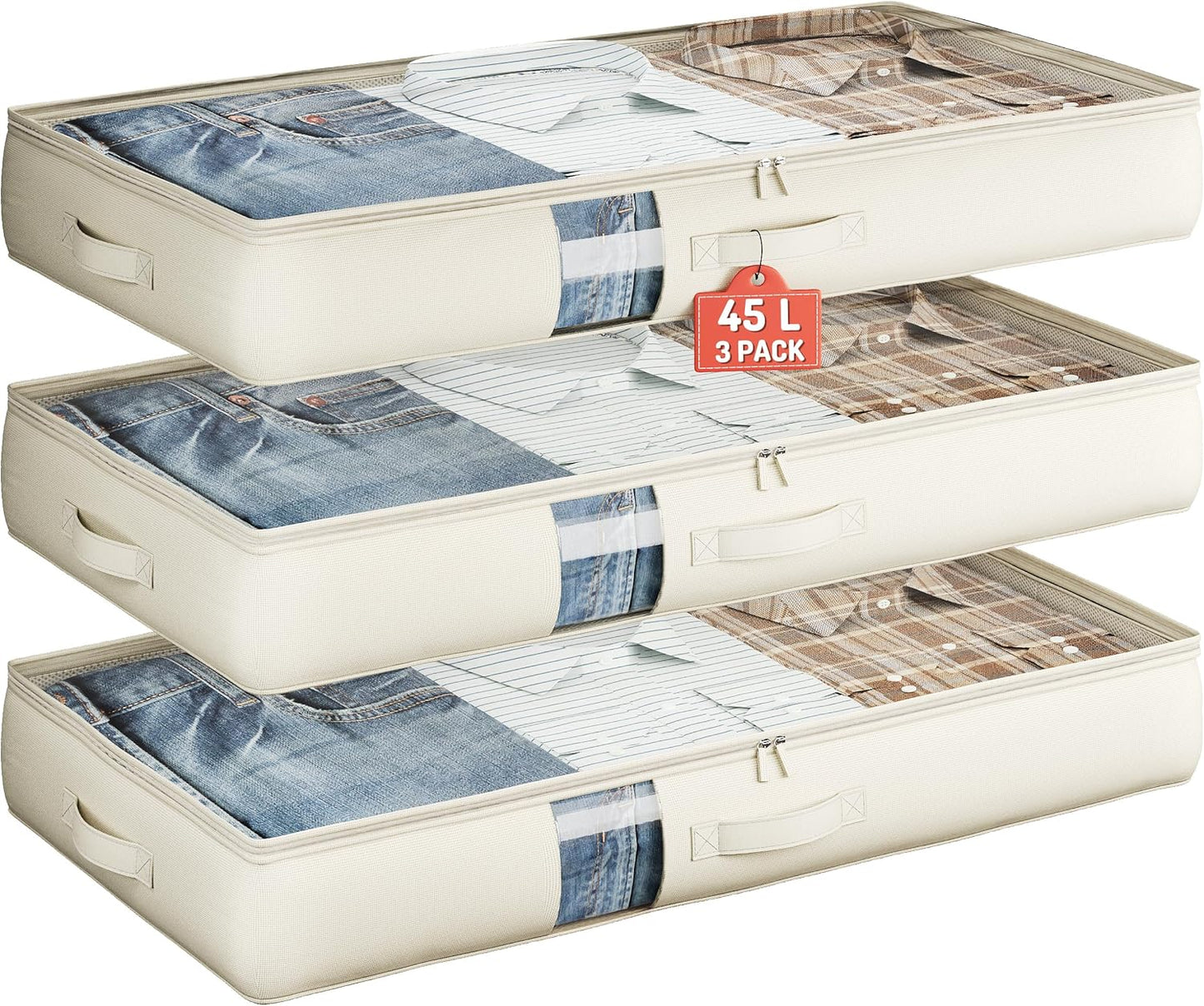 Under Bed Storage Containers with Window, Closet Organizers and Storage Bags, Foldable Underbed Storage Bags for Blankets, Clothing, Comforter, Linen Sheets, Wrapping Paper, 3 Pack, White Ivory