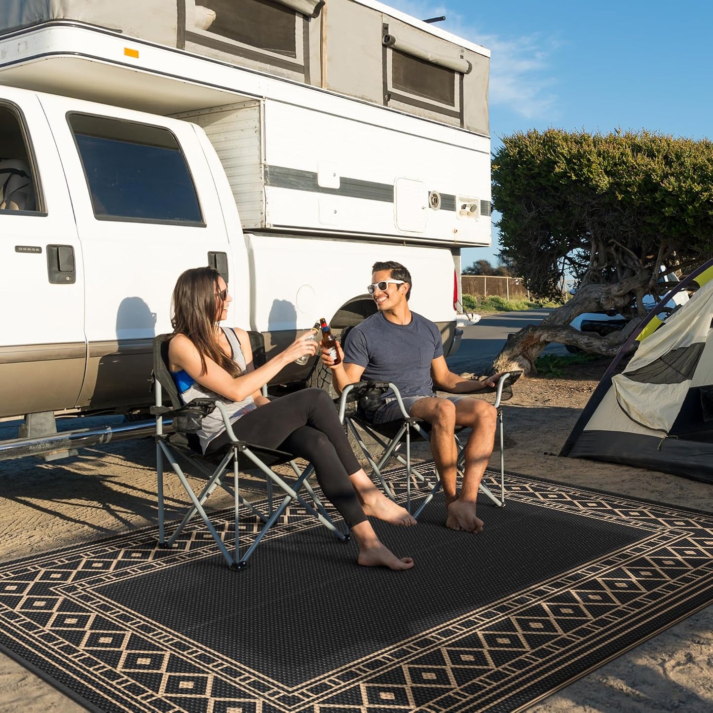GENIMO Outdoor Rug Waterproof 9'x12' for Patio, Foldable Reversible Plastic Straw Carpet for Travel Trailers, Outside Area Mat for Rv, Deck, Picnic, Porch, Camper, Balcony, Beach, Black & Brown