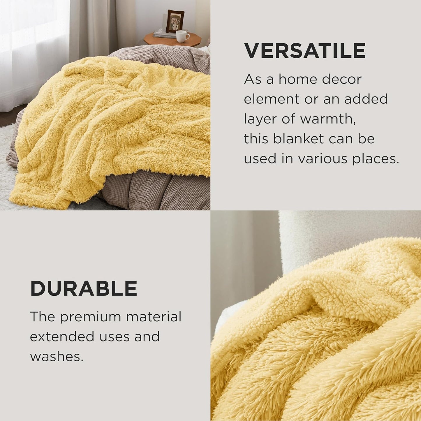 Bedsure GentleSoft Fluffy Yellow Blankets Queen Size for Bed, Thick Sherpa Faux Fur Fleece Fuzzy Plush Winter Warm Heavy Soft Full Queen Blankets, Bedroom Decor Yellow Cozy Gifts for Women Men, 90x90