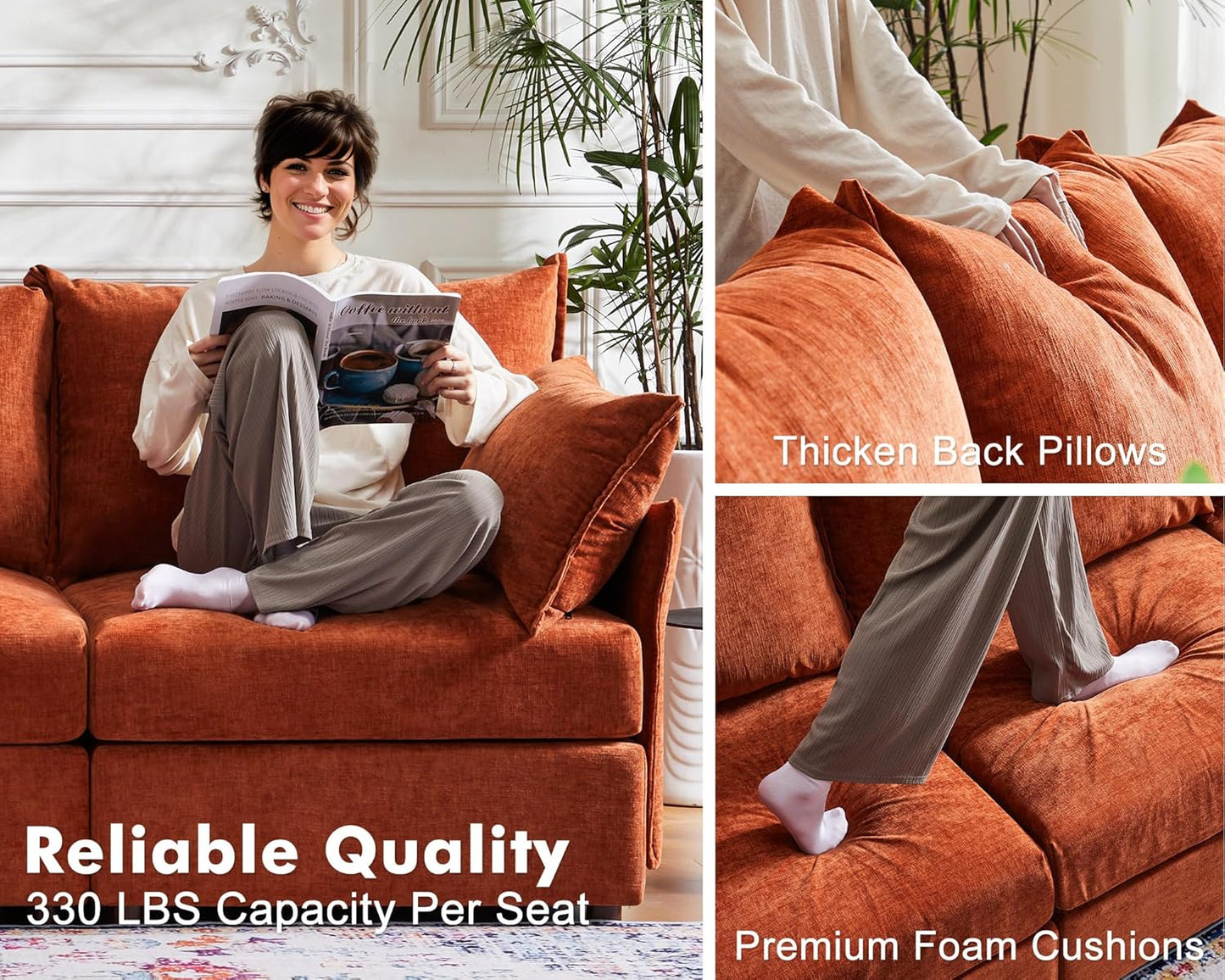 136.4" Oversized Modular Sectional Sofa, U Shaped Convertible Couch with Movable Ottoman, Large 7 Seat Corner Couches for Living Room Deep Seat Terracotta Orange Chenille