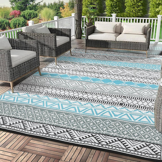GAOMON Outdoor Rug 9'x12' Waterproof Rug for Patio Decor, Foldable Reversible Plastic Straw Area Rugs Mat for Camper, Outside Carpet for Deck, Porch, Picnic, Beach, Blue/Grey(Bohemia)
