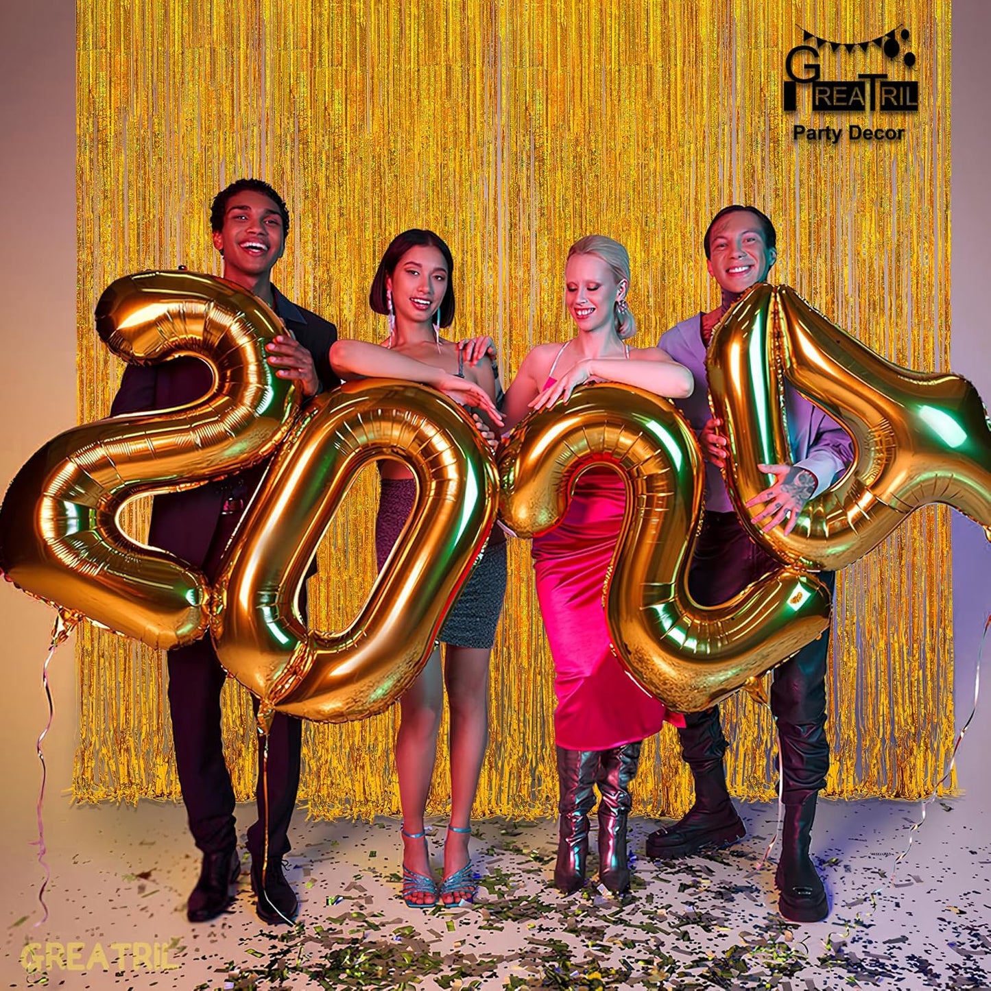 Gold Fringe Curtain Tinsel Backdrop - GREATRIL Foil Fringe Curtain Party Streamers for Prom 2026 NYE New Years Eve Birthdays Christmas Theme Party Decorations Pack of 2