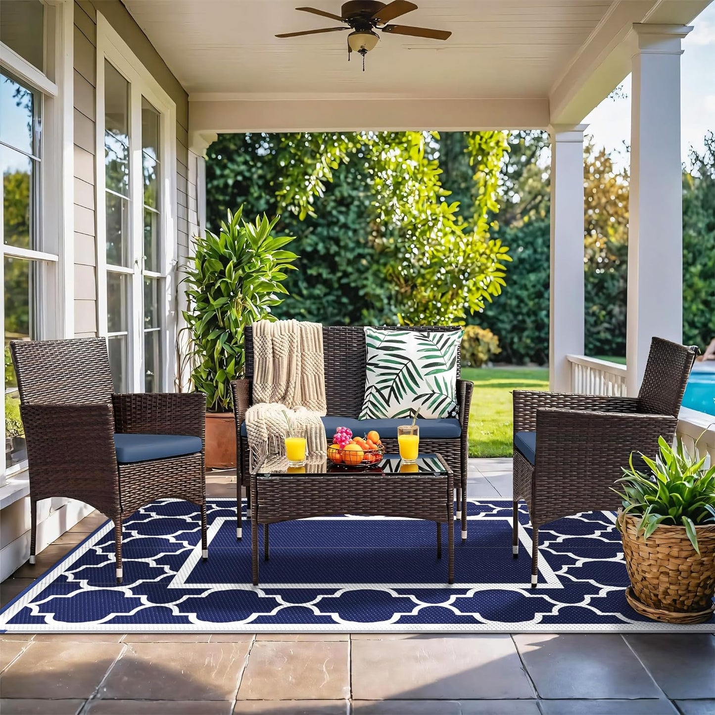 GENIMO 3' x 5' Outdoor Rug Waterproof for Patio Decor, Foldable Reversible Plastic Straw Area Rugs Mat for Camper, Outside Carpet for Rv, Deck, Porch, Picnic, Beach, Balcony, Blue & White