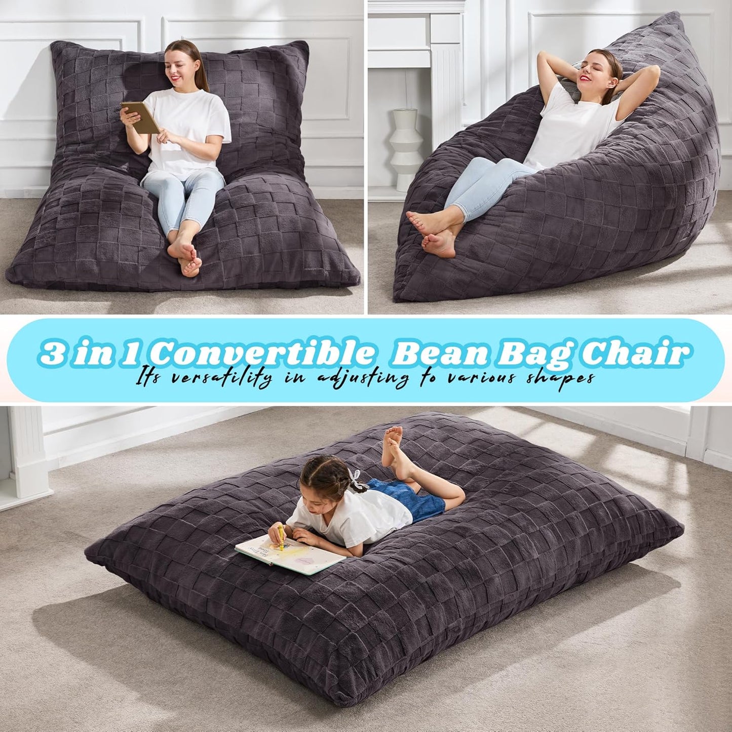 Hobestluk 3 in 1 Bean Bag Chair Giant Bean Bag Chairs for Adults with Plaid Cover Convertible Bean Bag Floor Cushion with Machine Washable Cover for Living Room (Plaid Dark Grey)