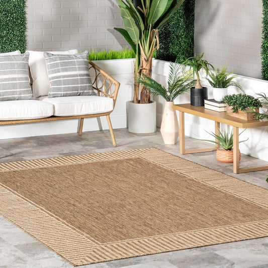 nuLOOM 2' x 3' Outdoor Area Rug, Casual Design With Striped Border, Stain Resistant, Highly Durable, For Patio, Balcony, Bedroom, Living Room, Dining Room, Bathroom, Light Brown