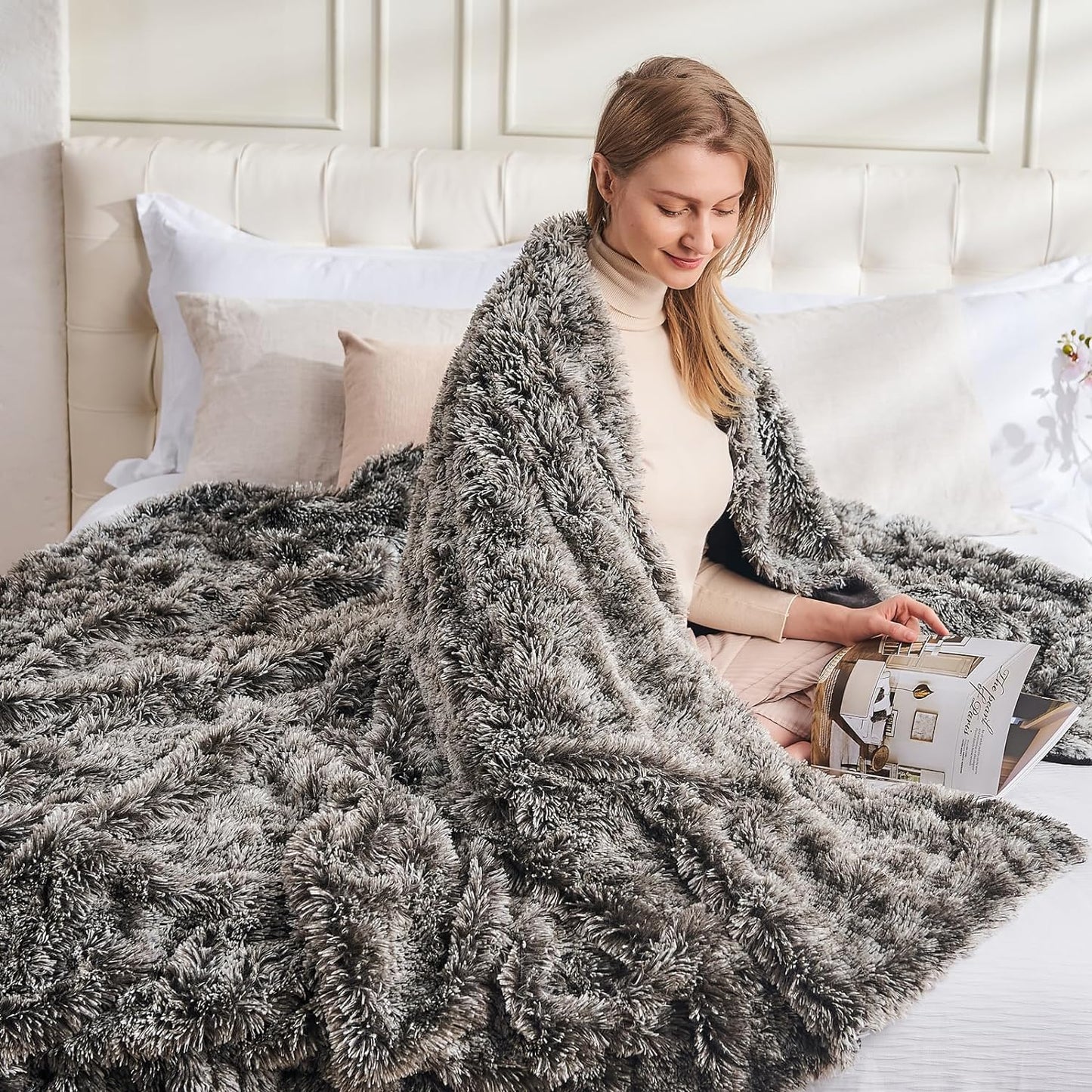 GONAAP Fuzzy Faux Fur Throw Blanket Queen Size Frosty Black Super Soft Cozy Plush Fuzzy Shaggy Blanket for Couch Sofa Bed (Frosty Black, Queen(90"x90"))